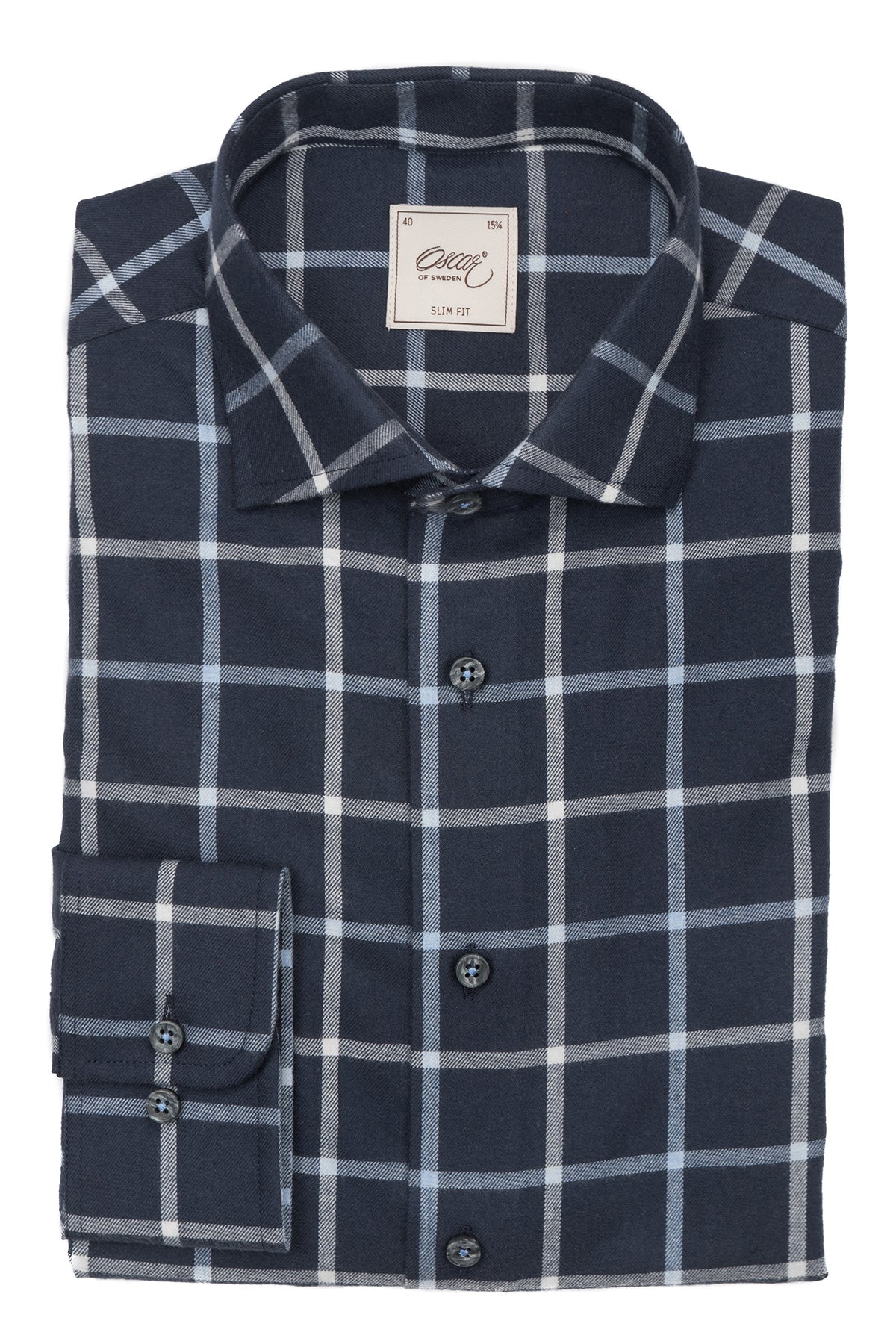 Navy blue checked slim fit flannel shirt