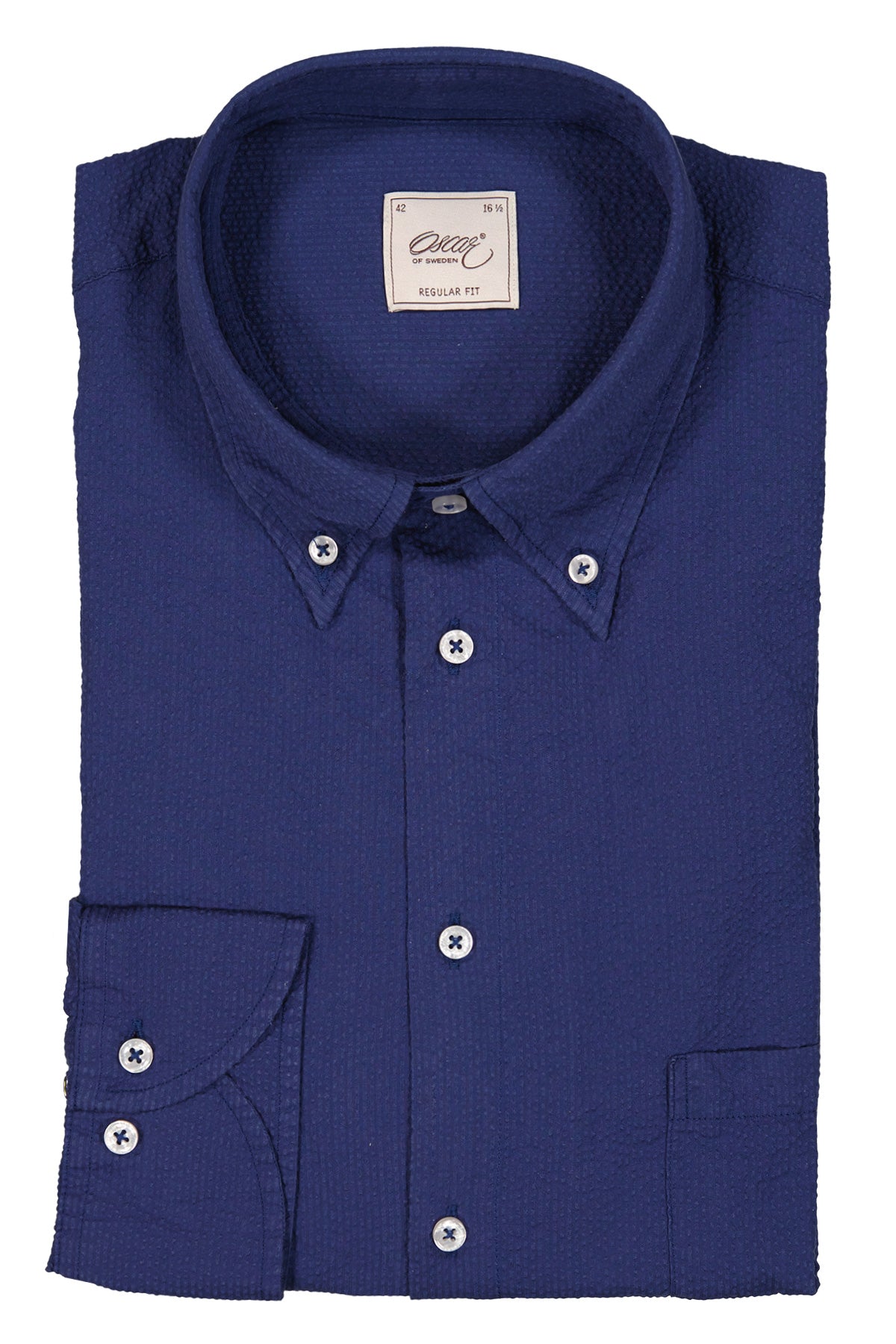Indigo blue button down seersucker regular fit shirt