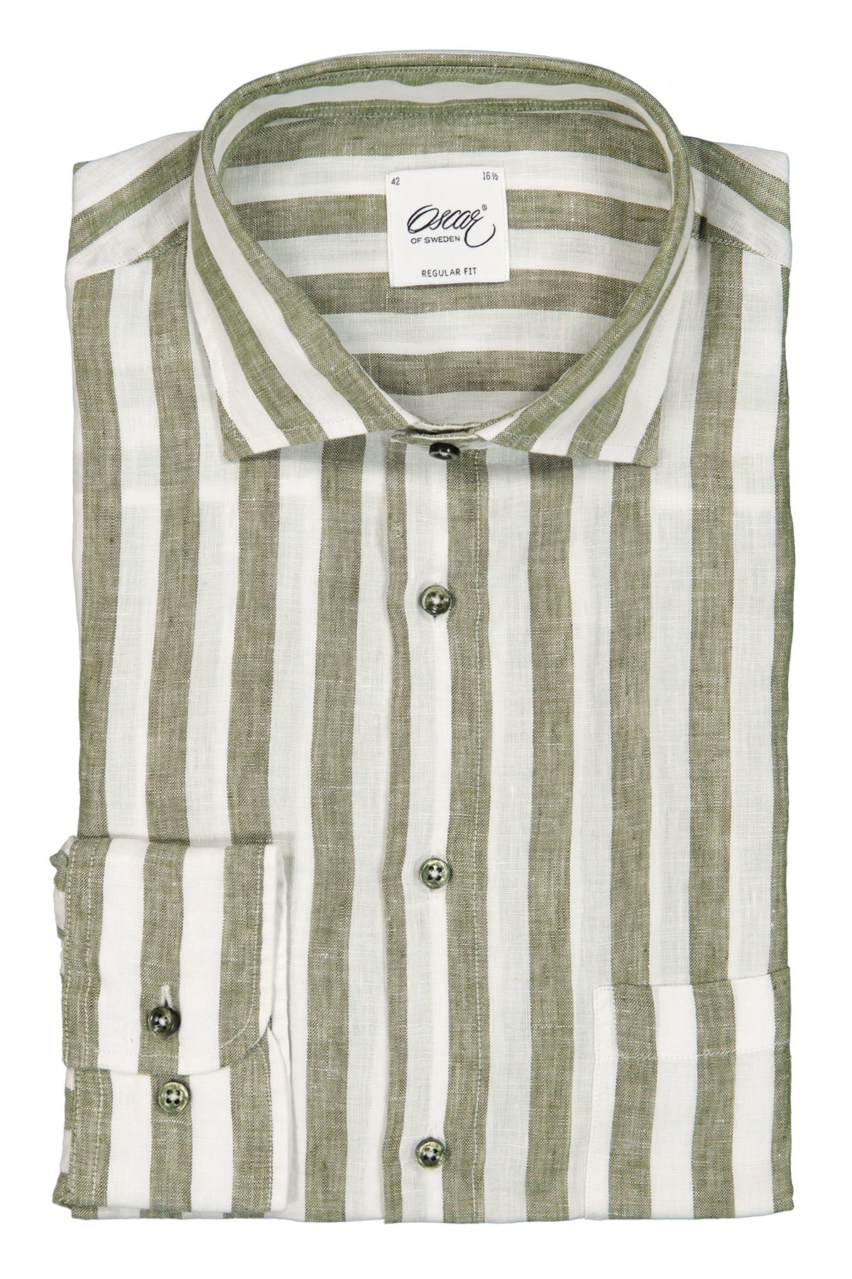 Green striped regular fit linen shirt