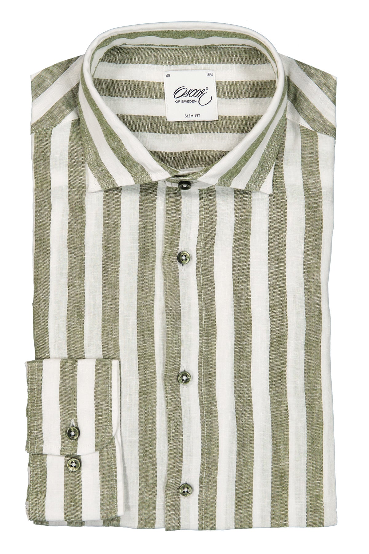 Green striped slim fit linen shirt