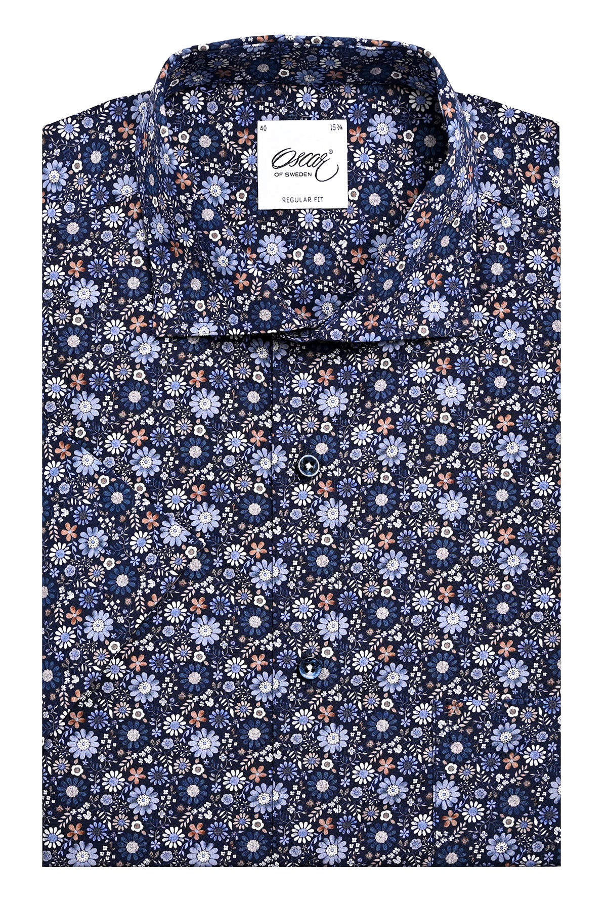 Navy blue flower printed short sleeve regular fit shirt