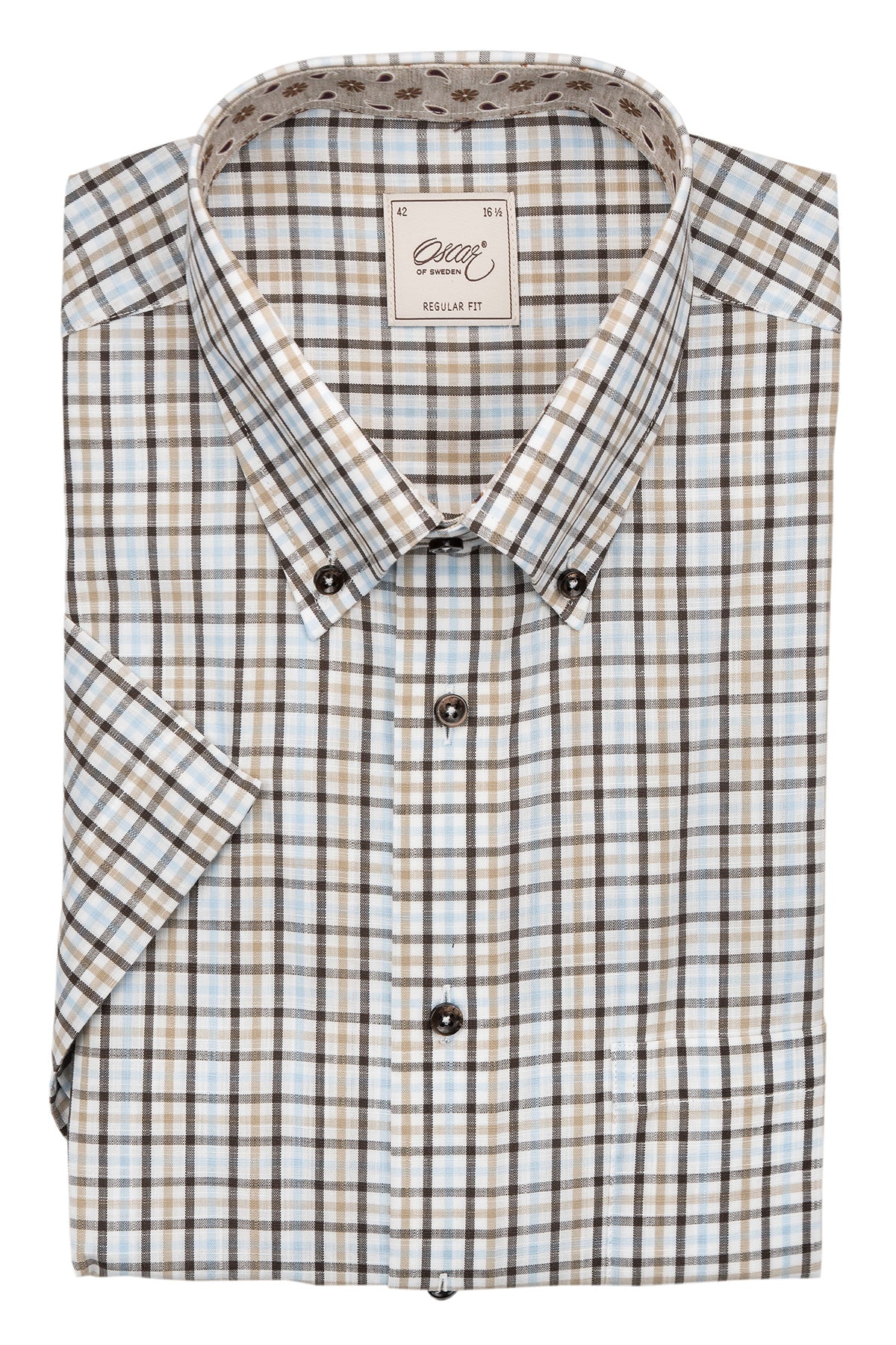 Brown and blue checked short-sleeved regular fit shirt