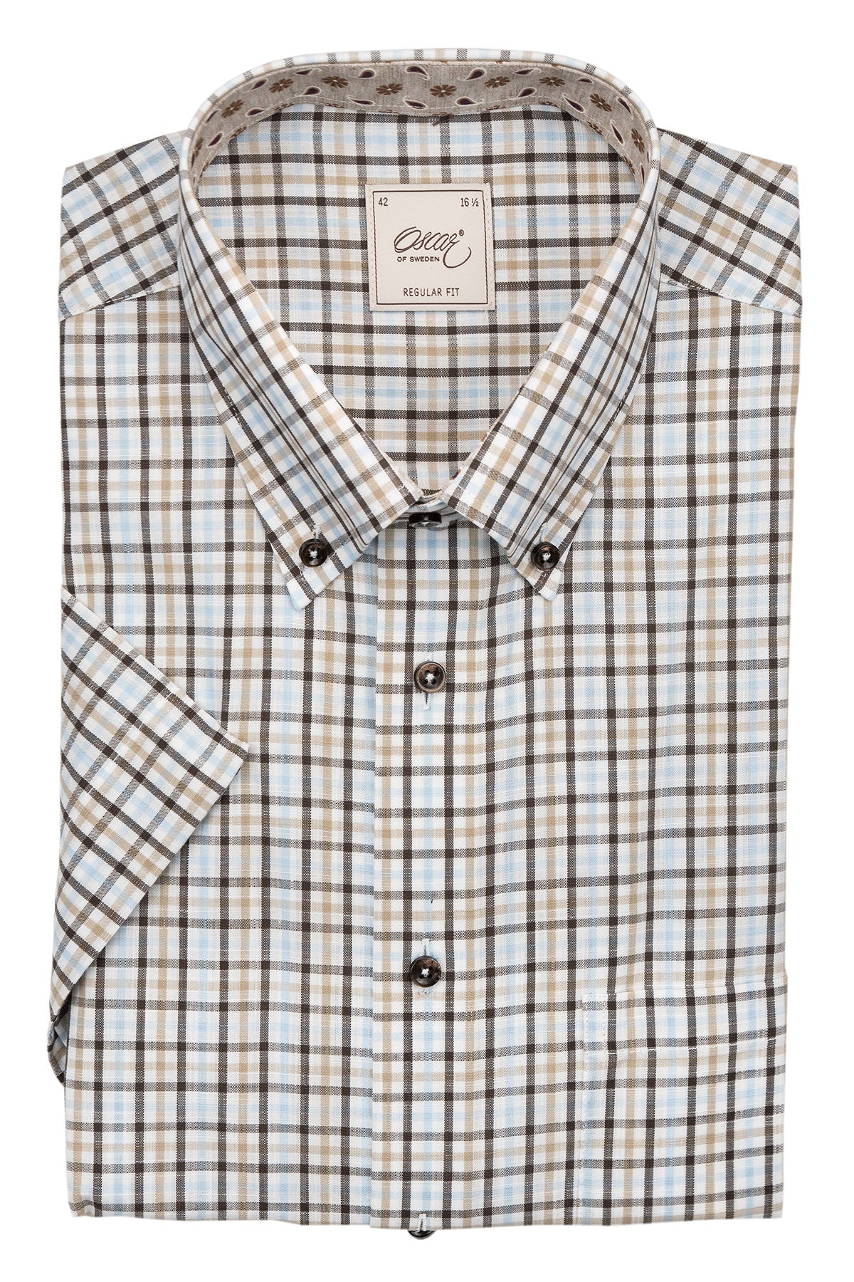 Brown and blue checked short sleeve regular fit shirt