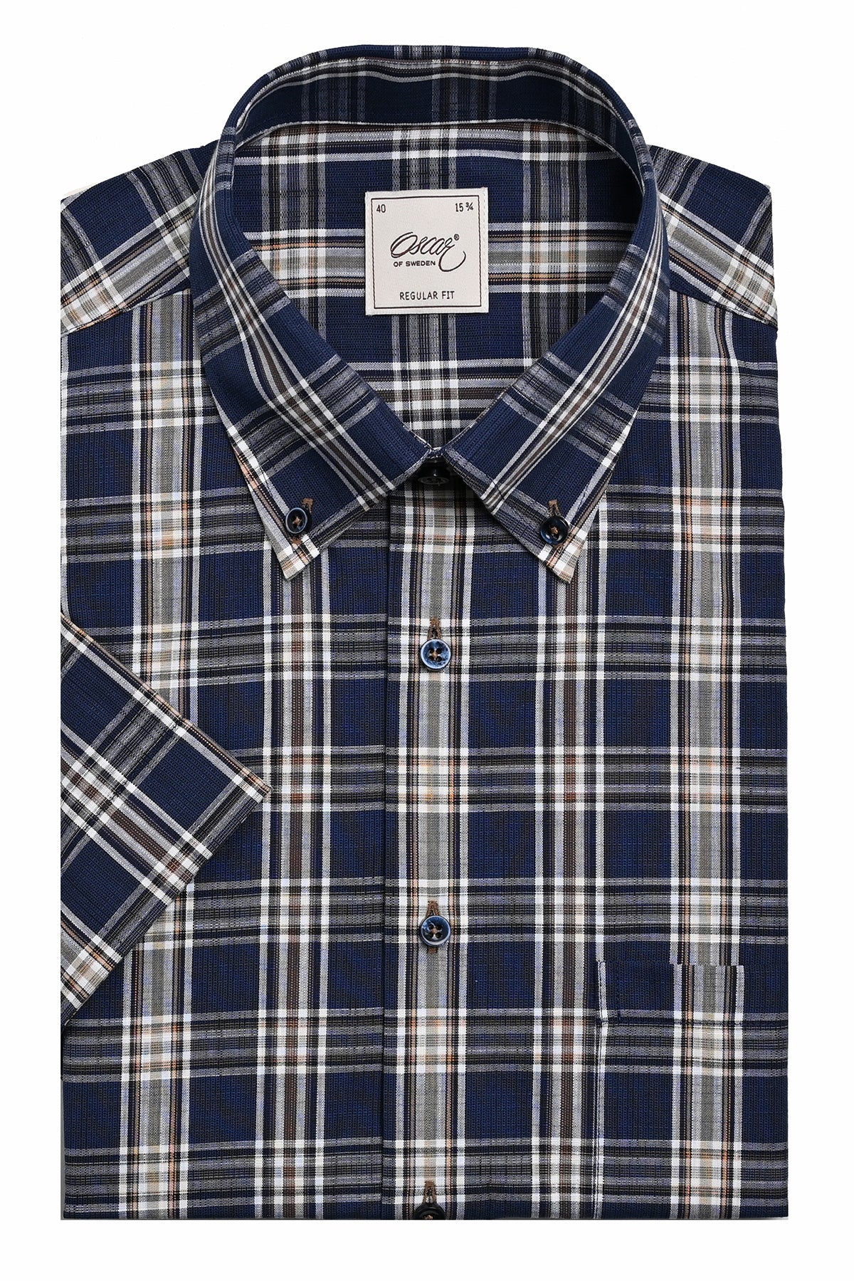 Indigo blue checked short-sleeved shirt regular fit