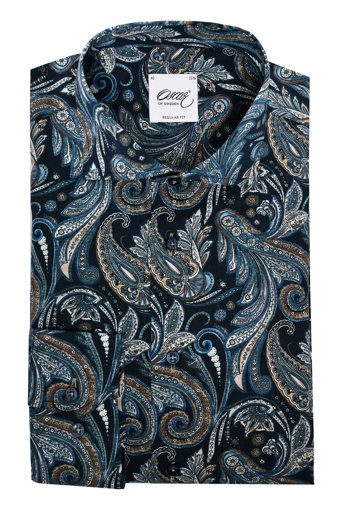 Dark blue paisley patterned slim fit shirt