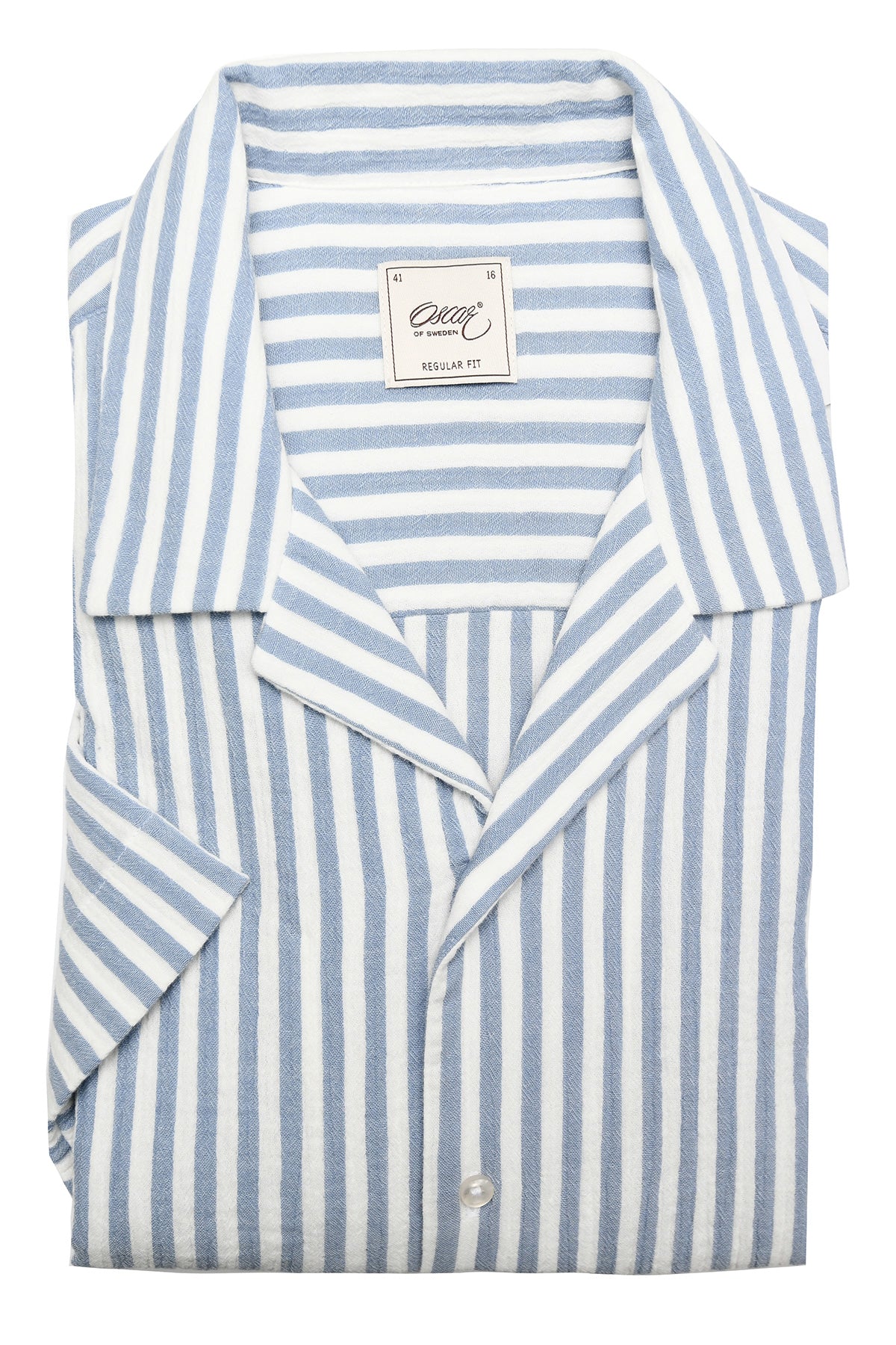 Light blue striped short-sleeved shirt with resort collar