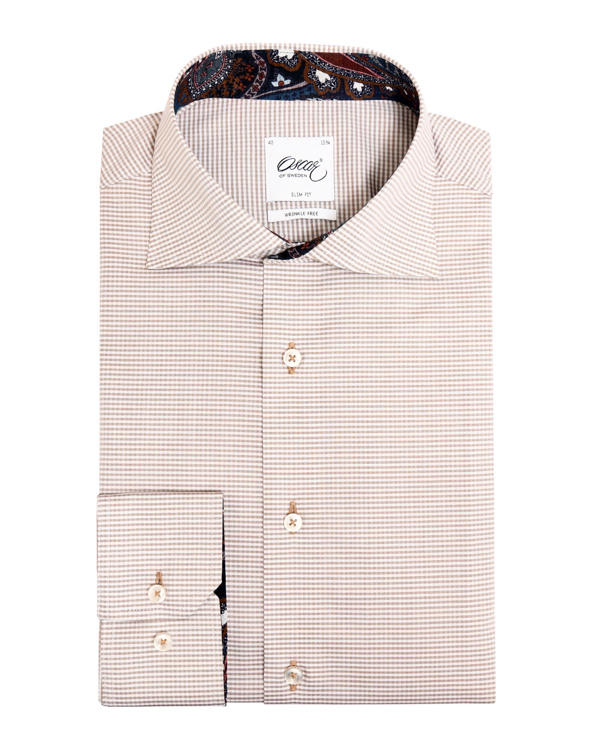 Camel brown checked shirt with contrast details slim fit