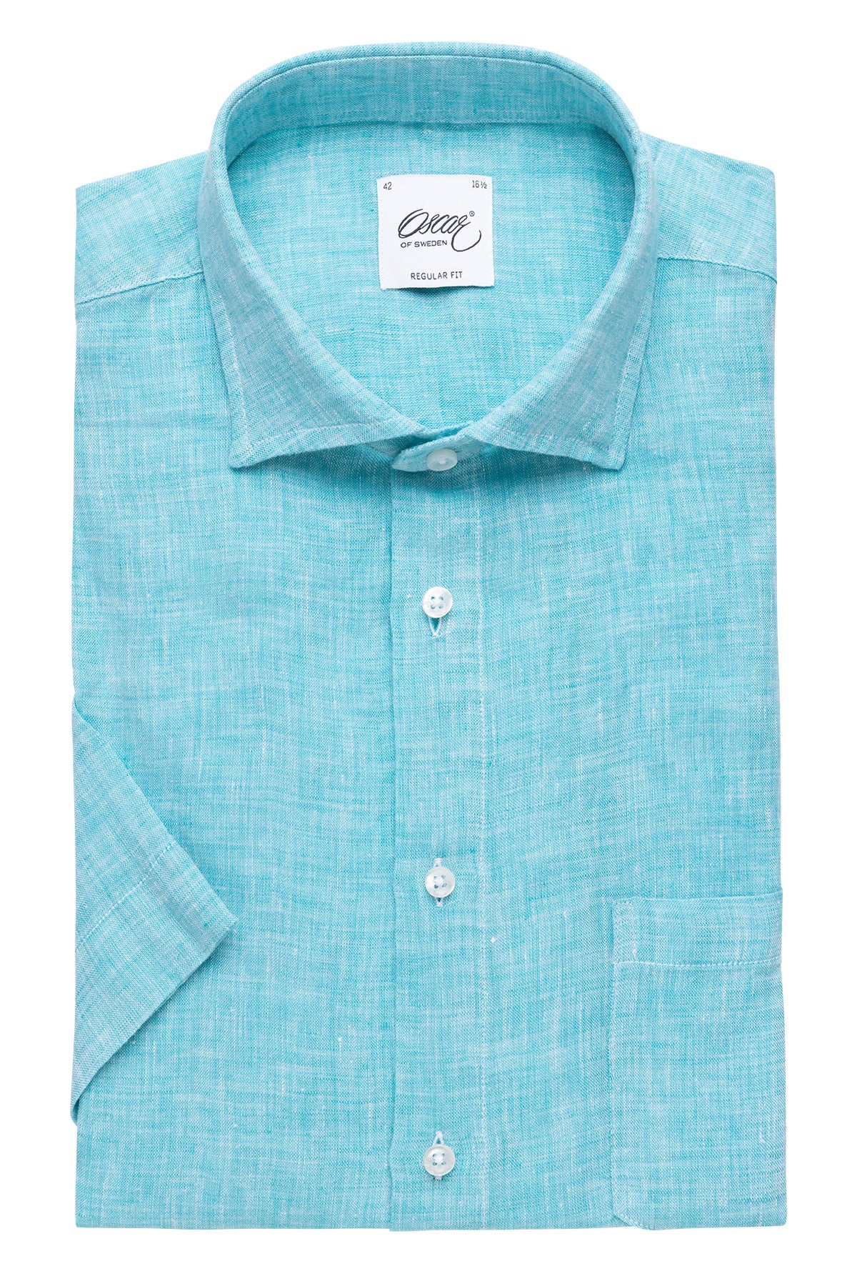 Turquoise short sleeve regular fit linen shirt