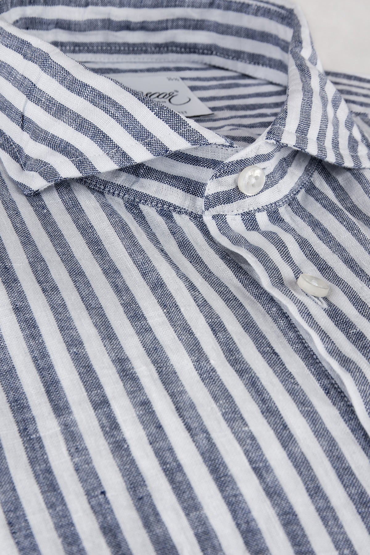 Blue striped linen short sleeve regular fit shirt