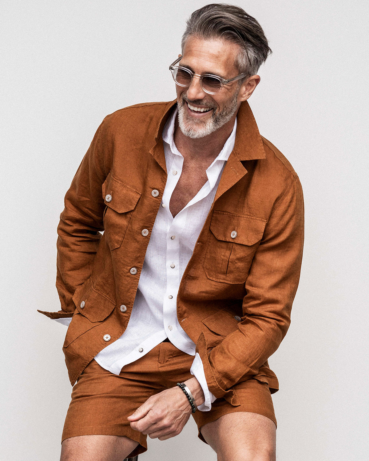 Tobacco brown linen overshirt regular fit