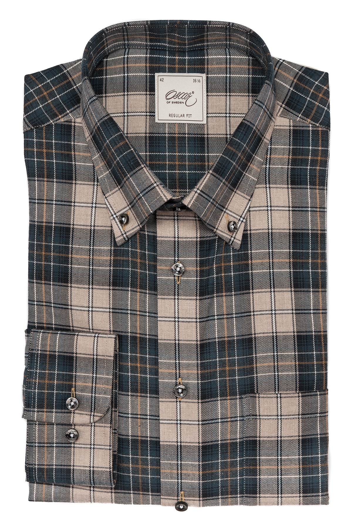 Beige checked flannel button down regular fit shirt