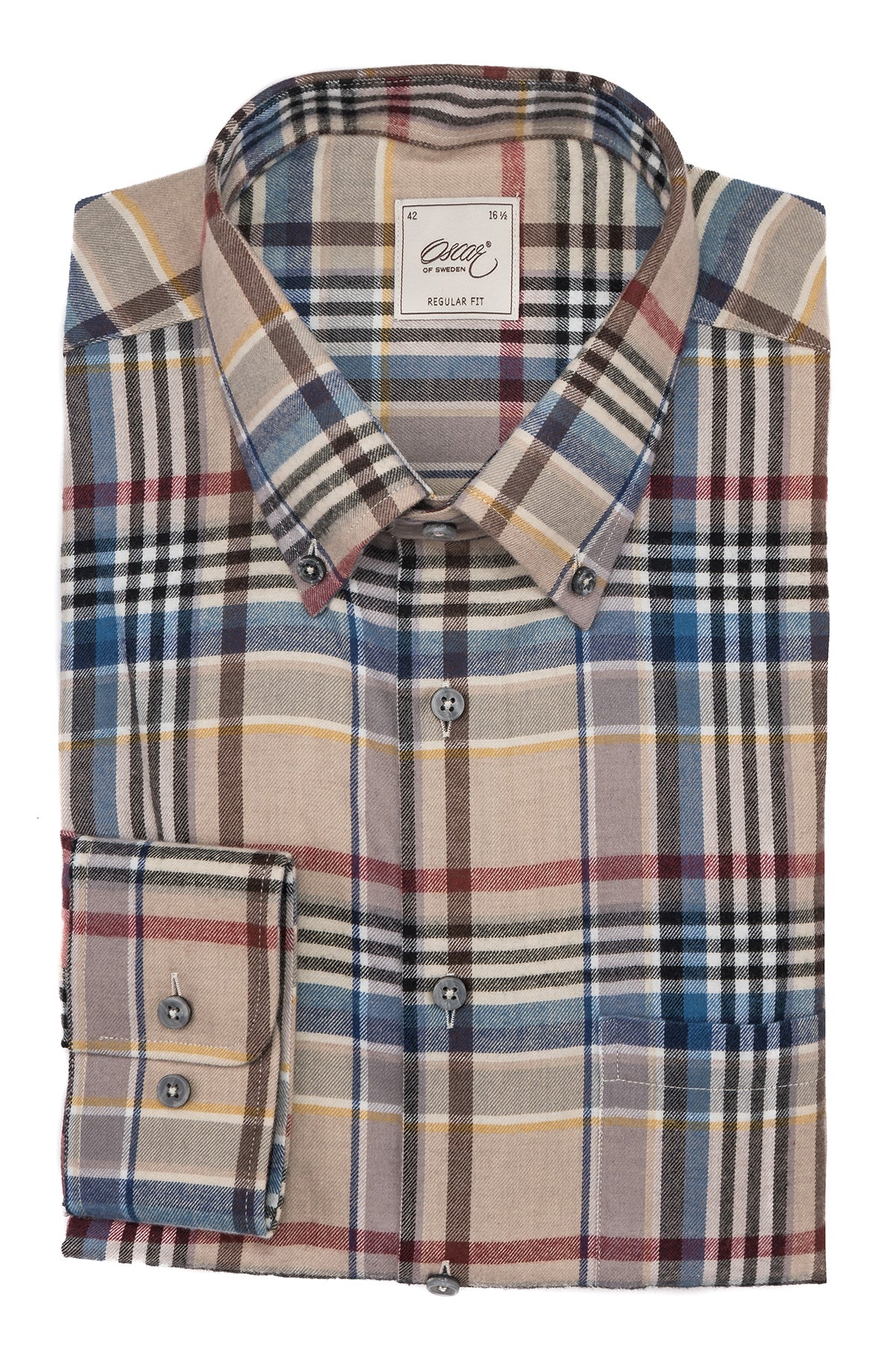 Beige checked flannel button down regular fit shirt