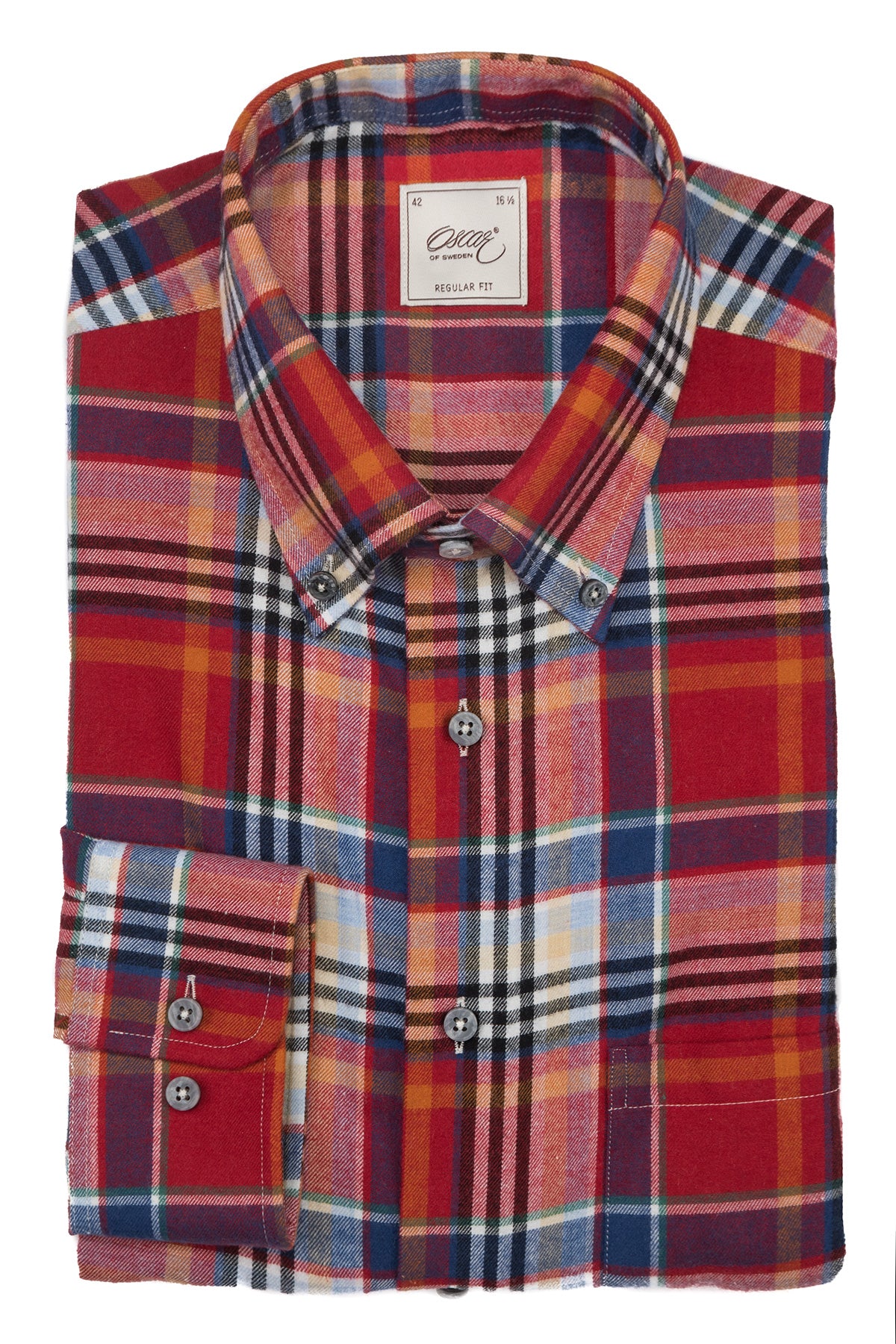 Red checked flannel button down regular fit shirt