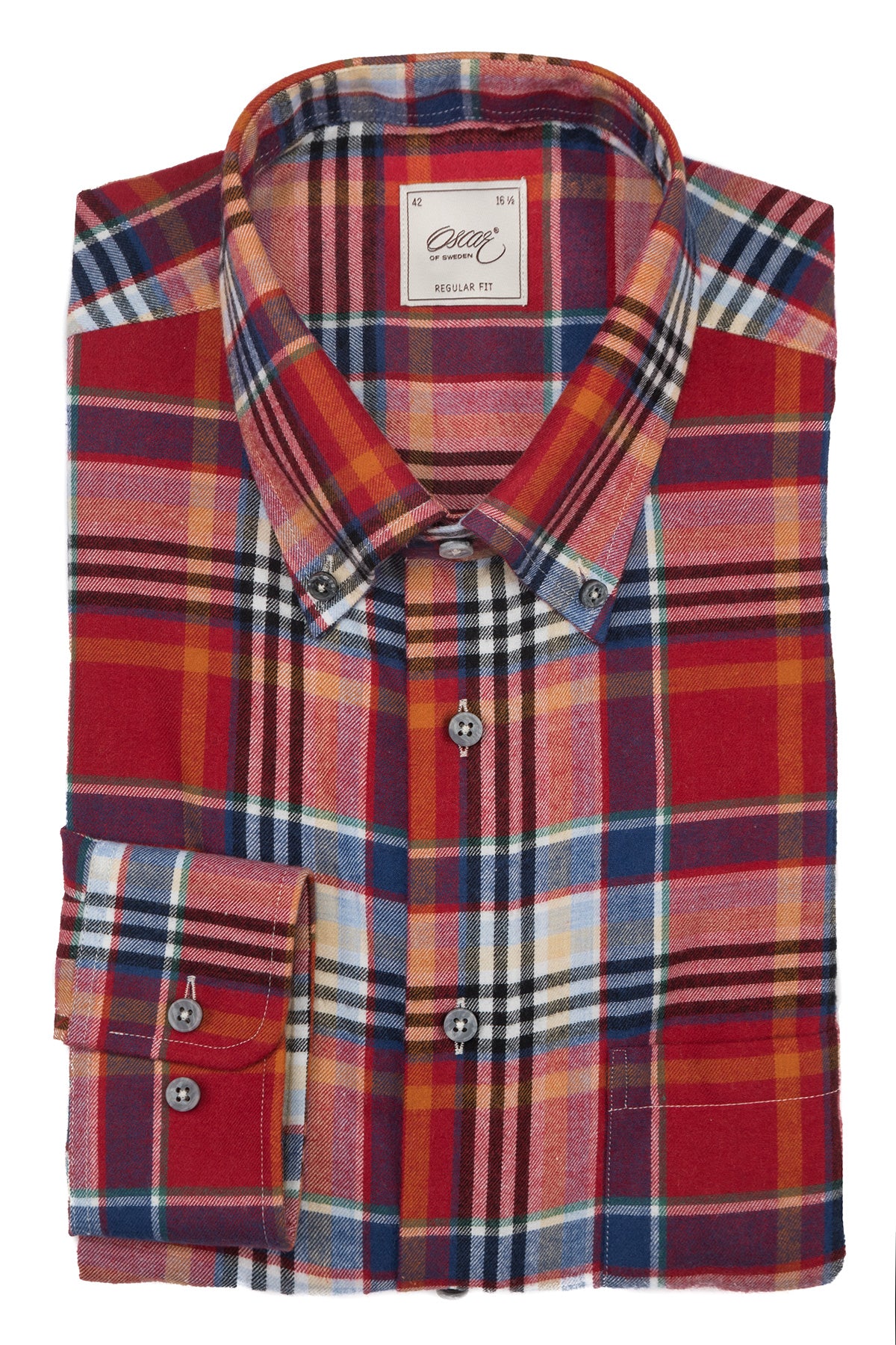 Red checked flannel button down regular fit shirt