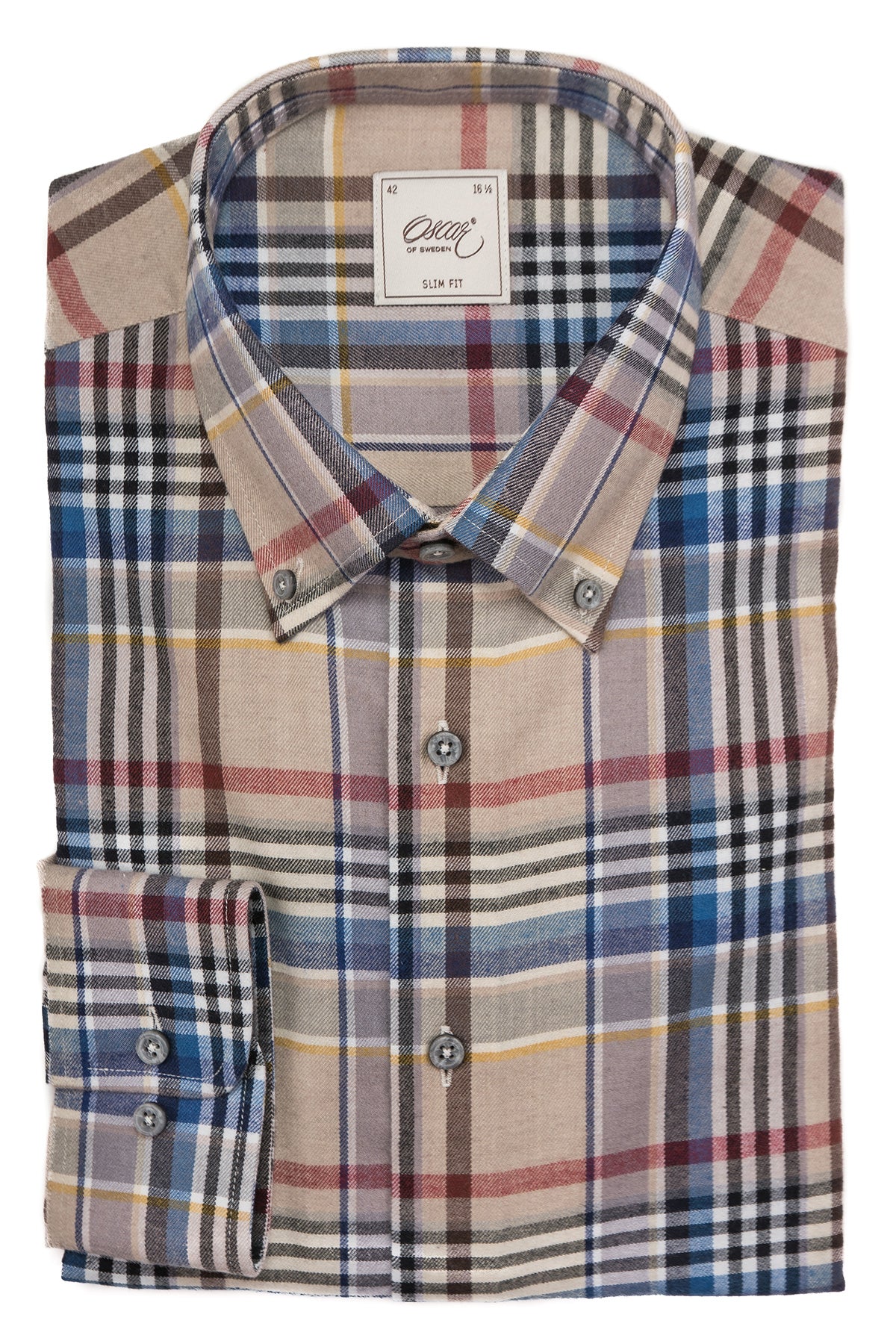 Beige checked flannel button down slim fit shirt