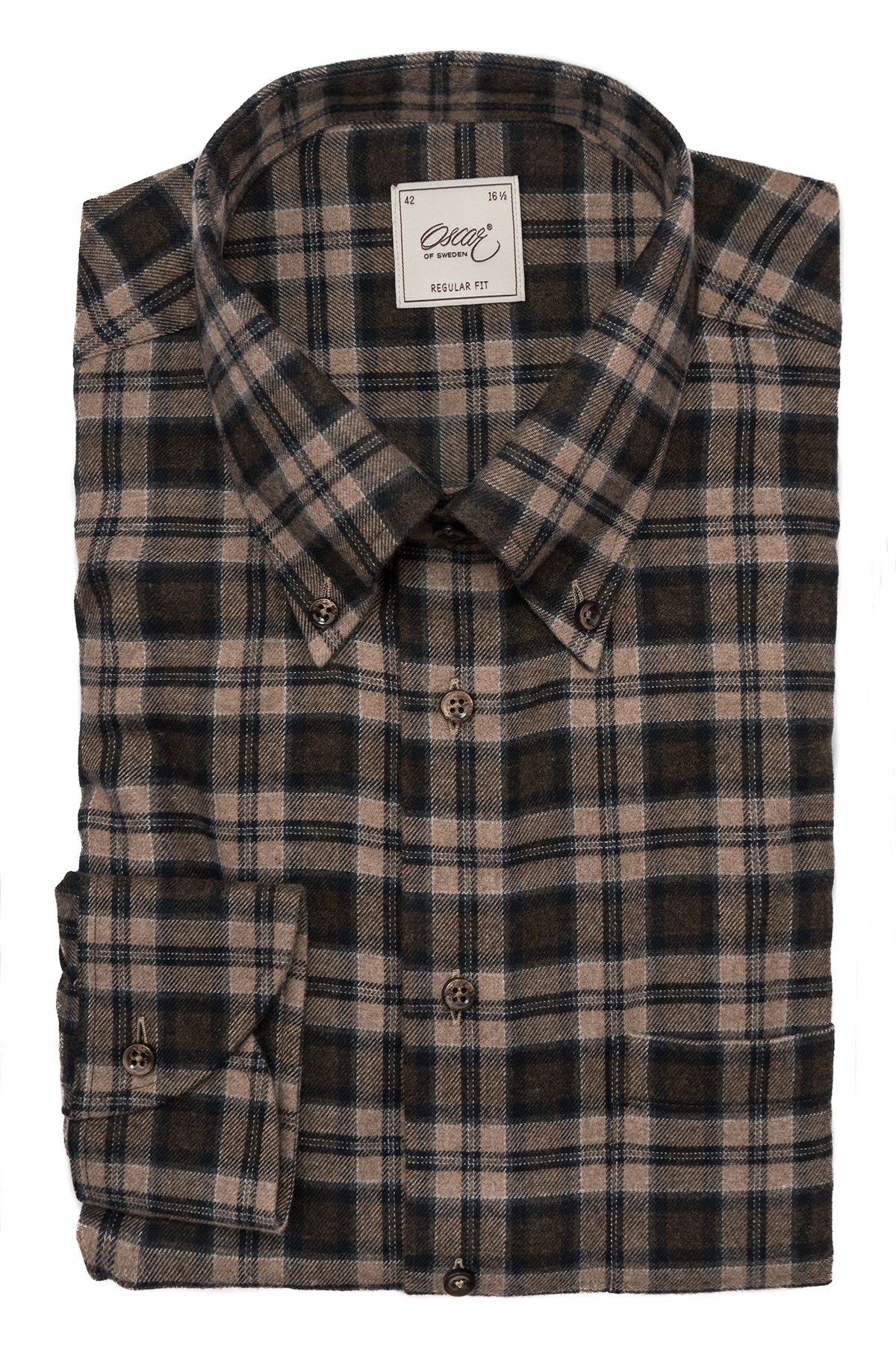 Brown checked flannel button down regular fit shirt