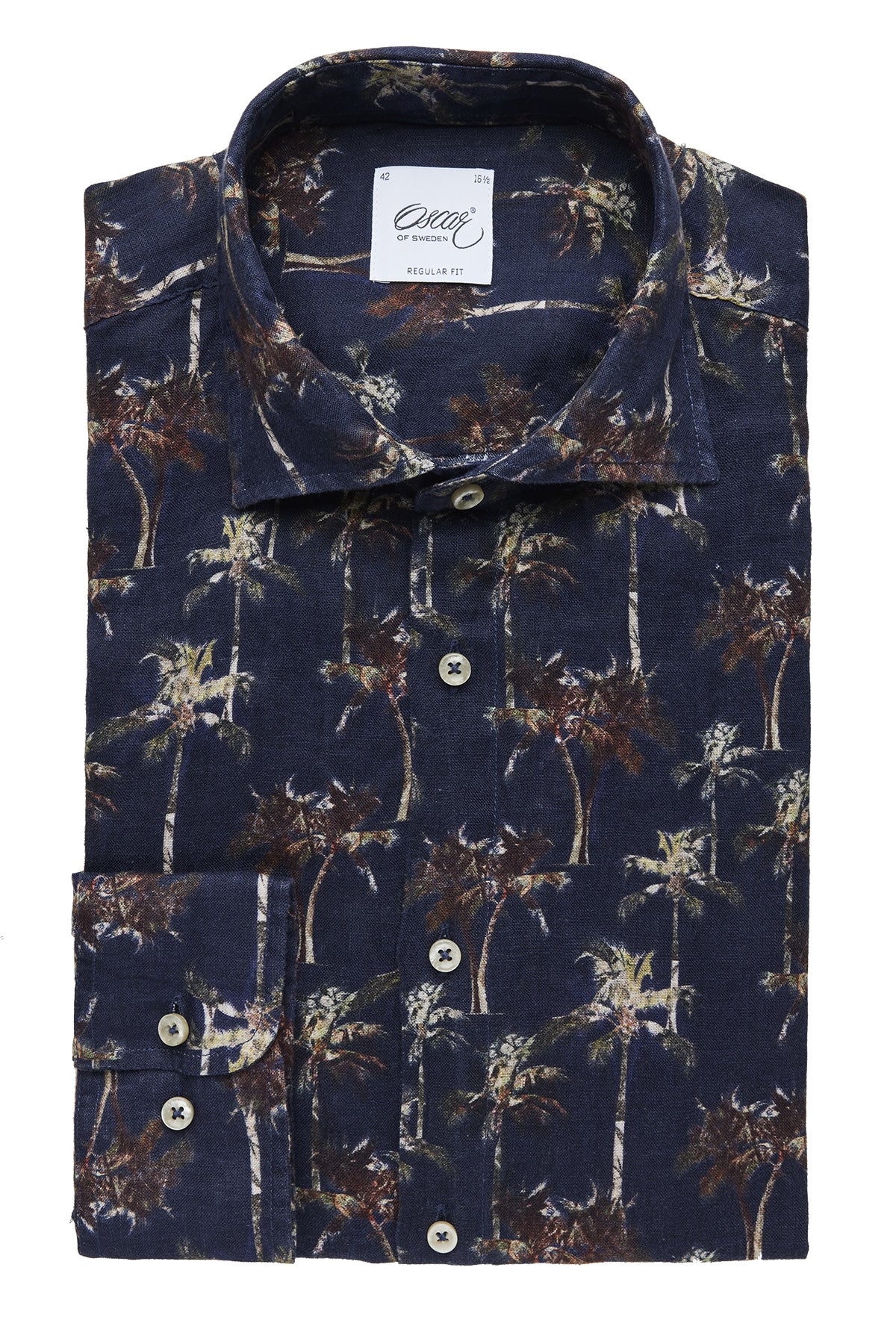 Blue palm printed regular fit linen shirt