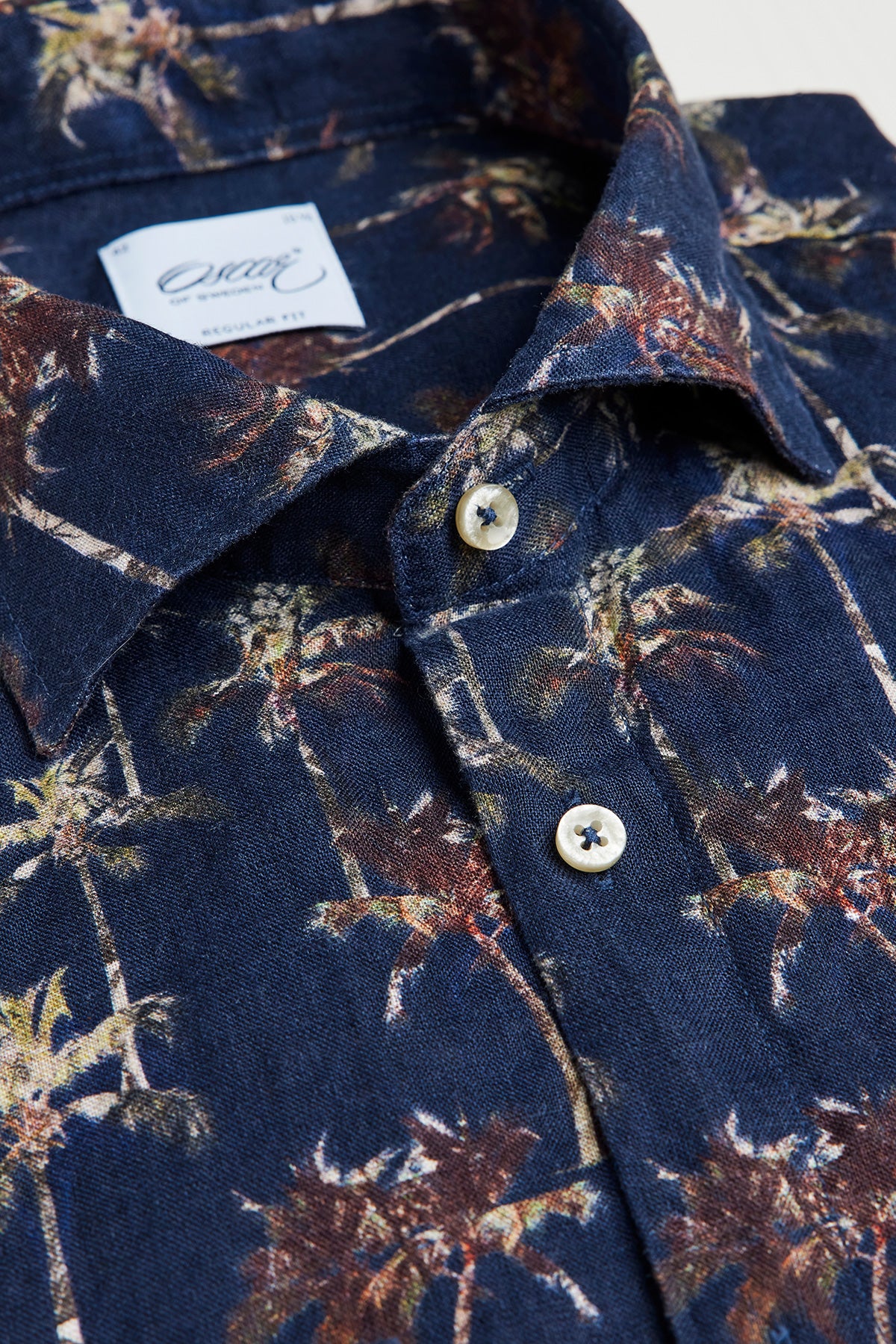 Blue palm printed regular fit linen shirt
