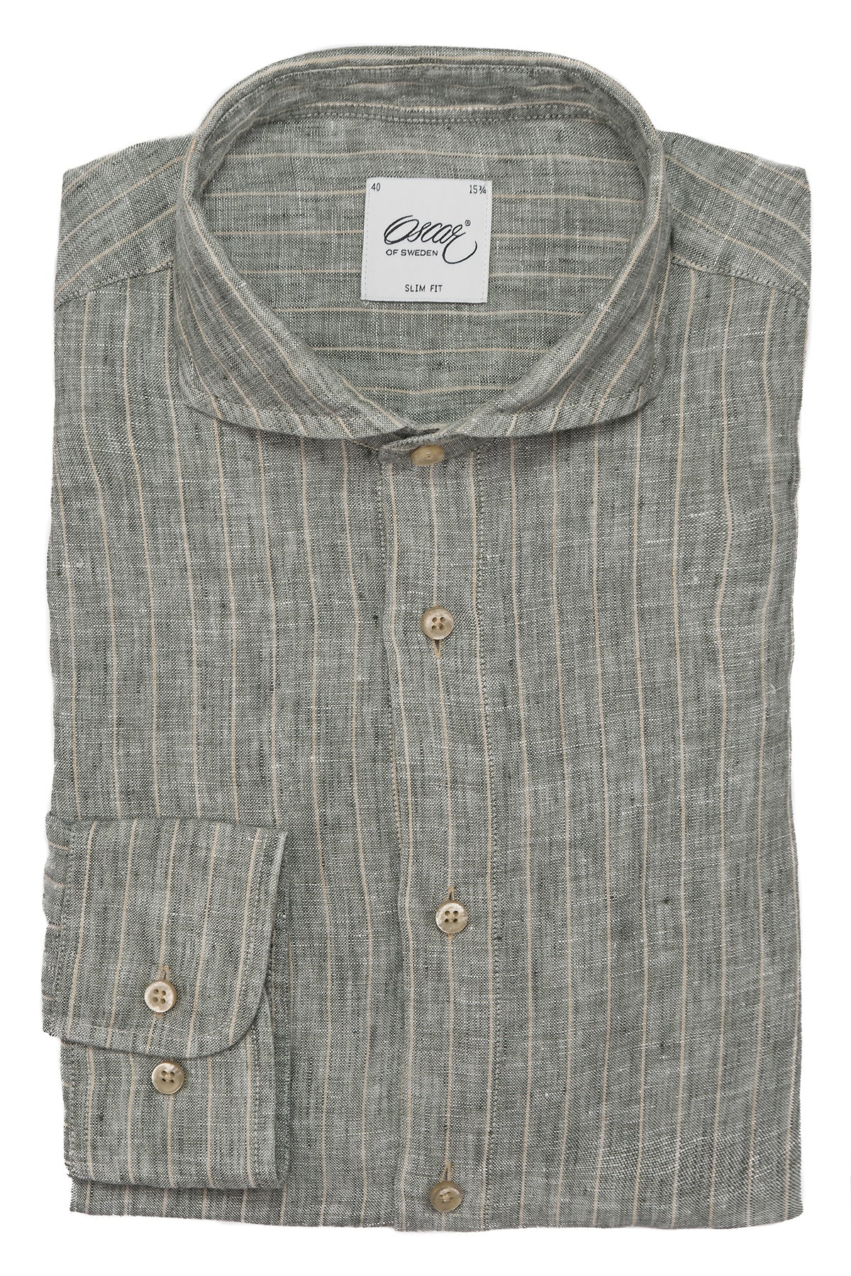 Green striped slim fit linen shirt