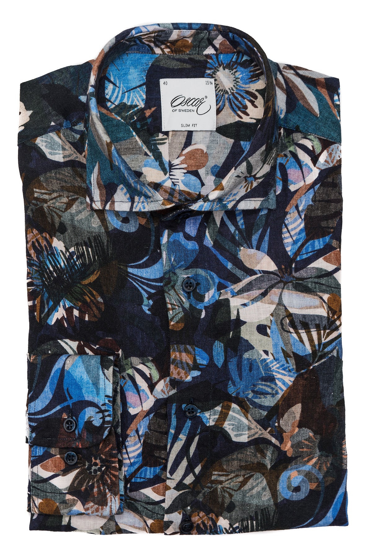 Blue flower printed regular fit linen shirt
