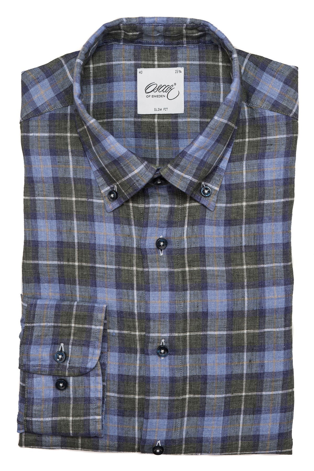 Blue checked button down regular fit linen shirt