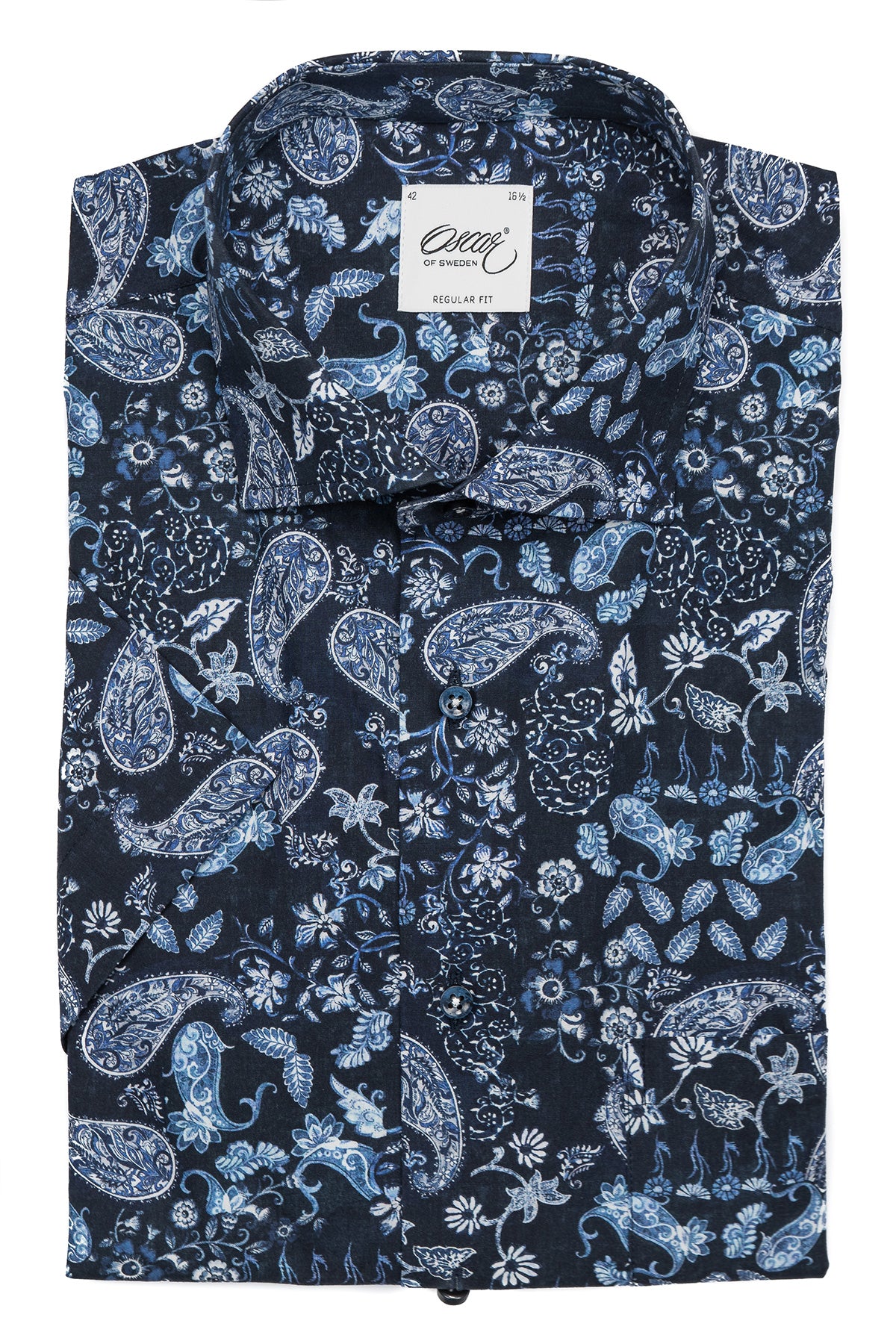 Navy blue paisley printed short sleeve regular fit shirt