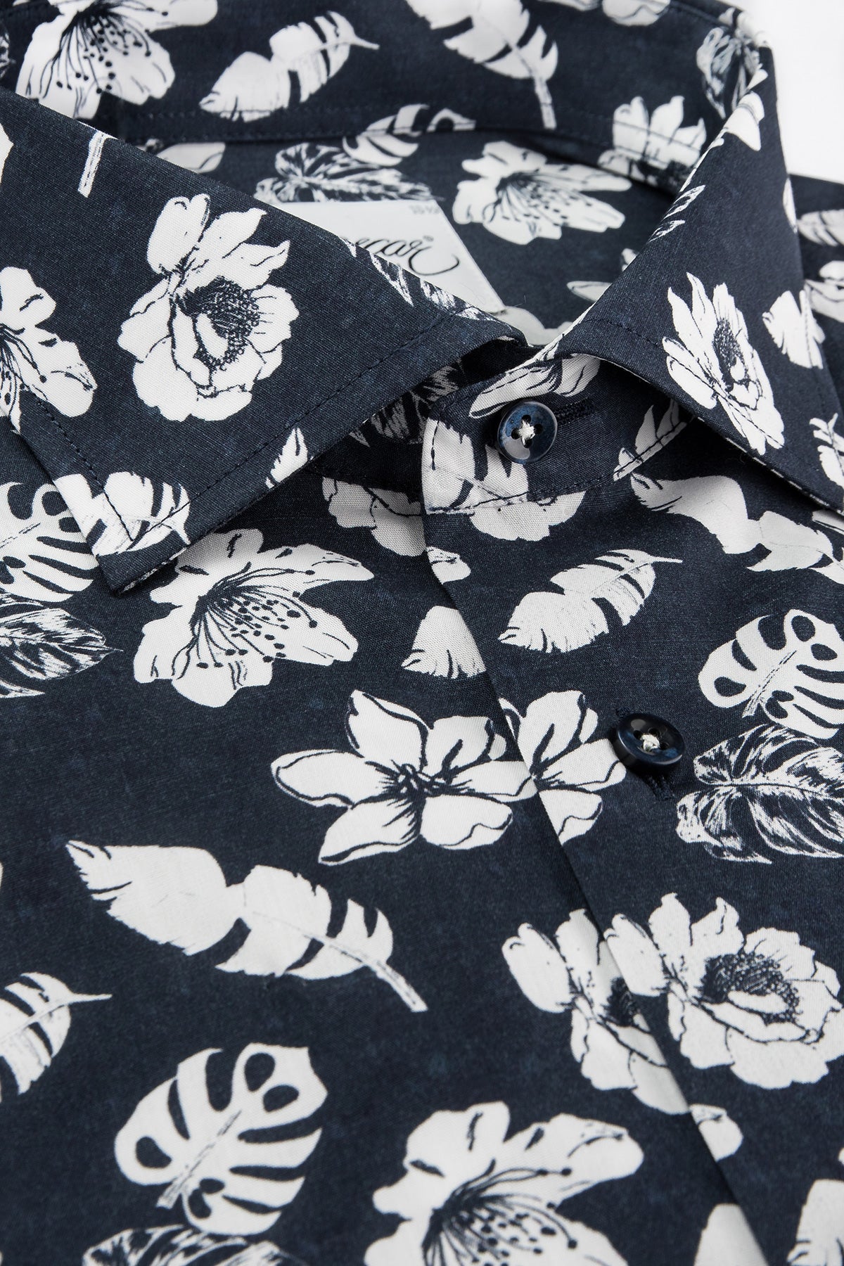 Navy blue flower printed short sleeve regular fit shirt