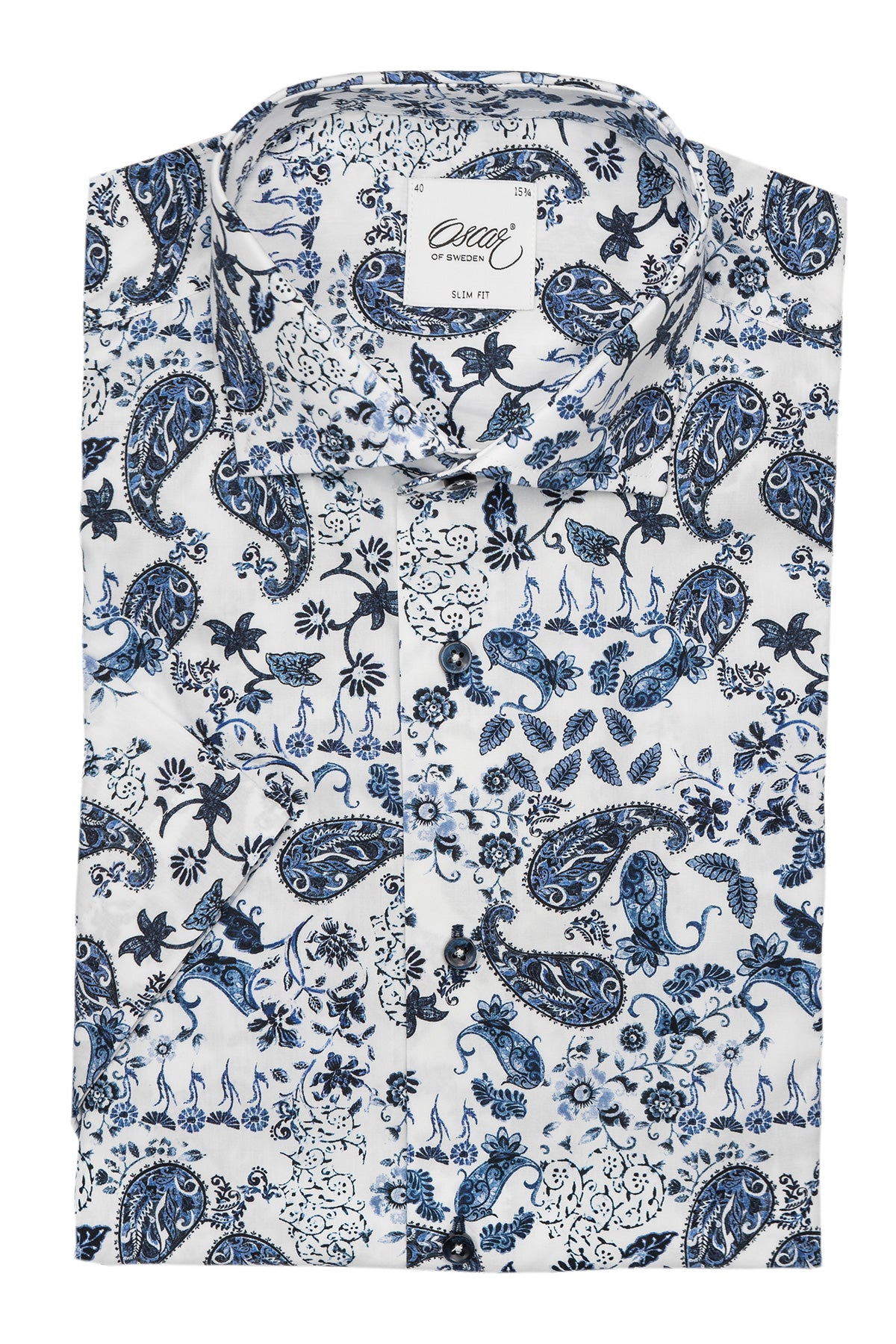 Blue paisley printed short sleeve slim fit shirt