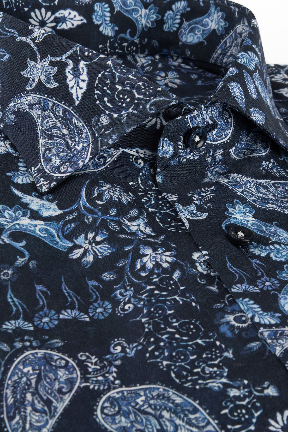 Navy blue paisley printed short sleeve slim fit shirt