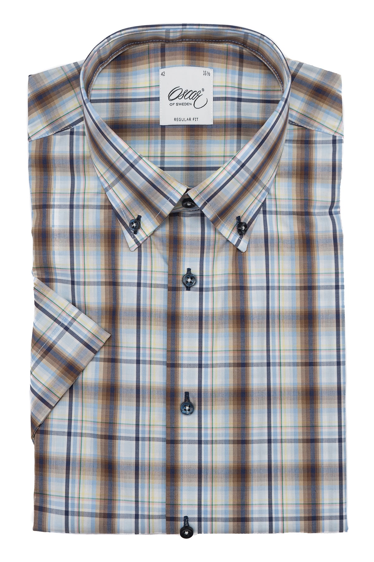 Blue and brown checked short sleeve regular fit shirt