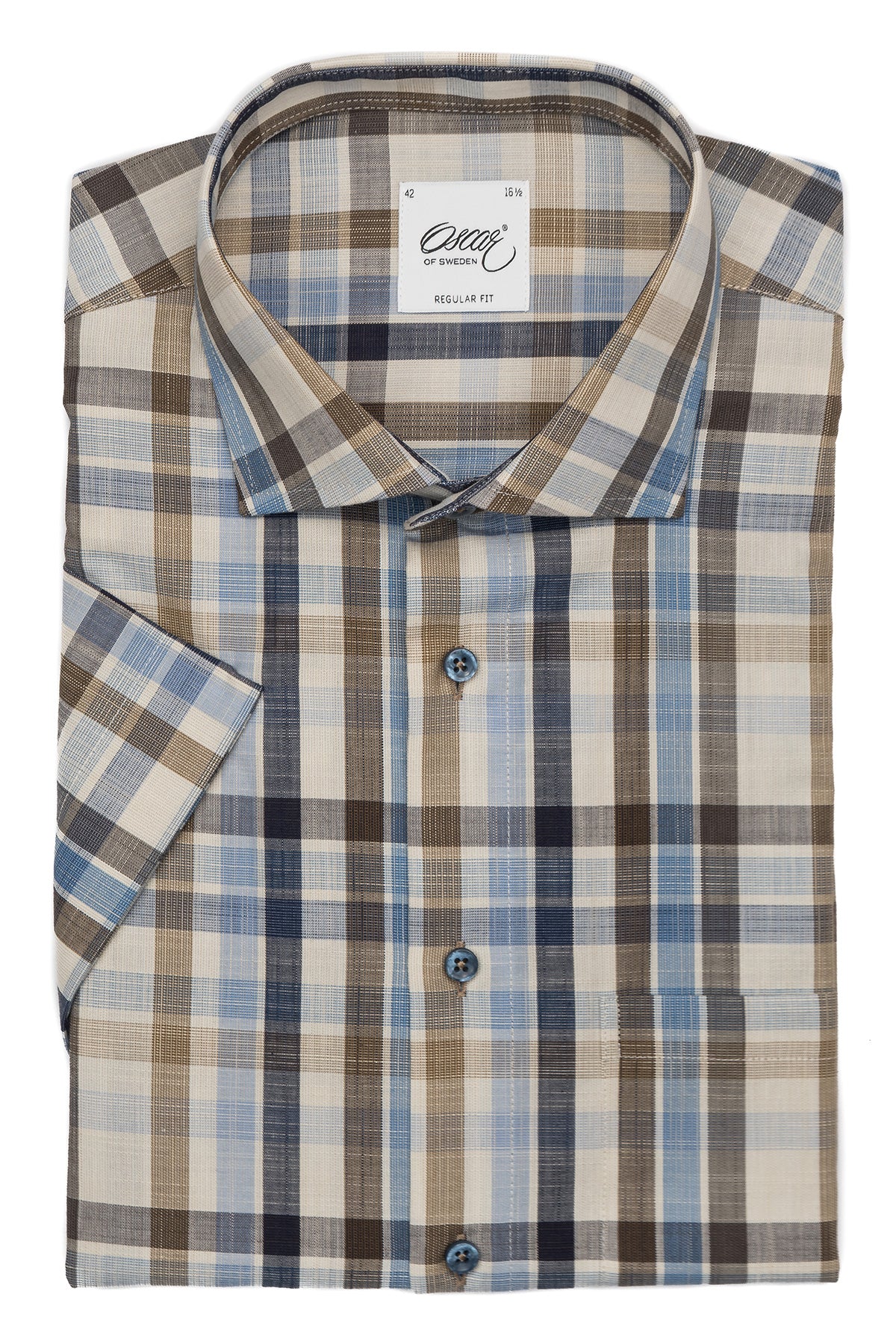 Blue and brown checked short sleeve regular fit shirt