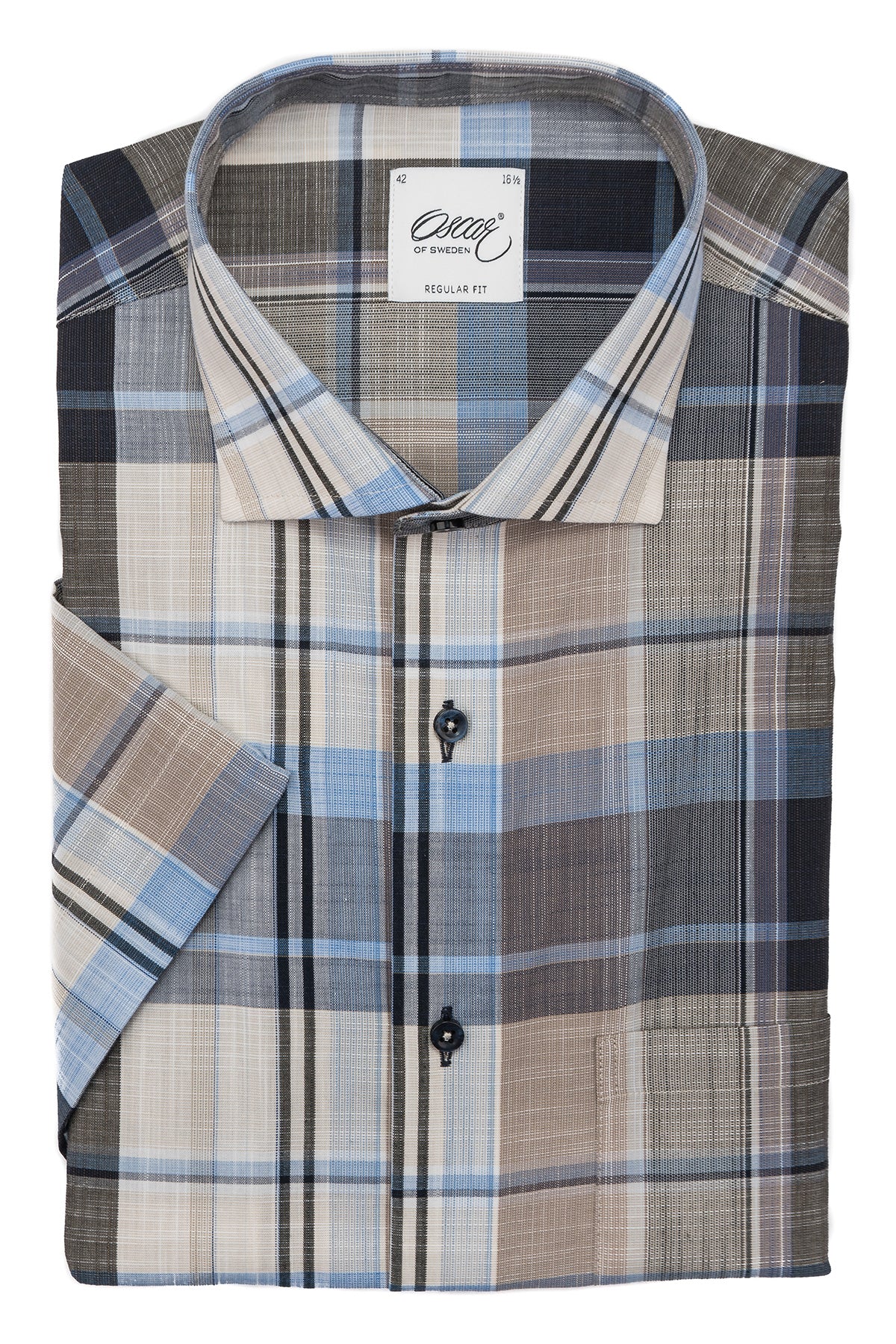 Blue and brown checked short sleeve regular fit shirt