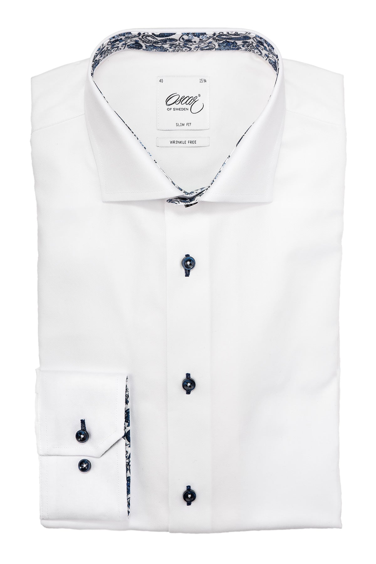 White slim fit shirt with blue paisley details