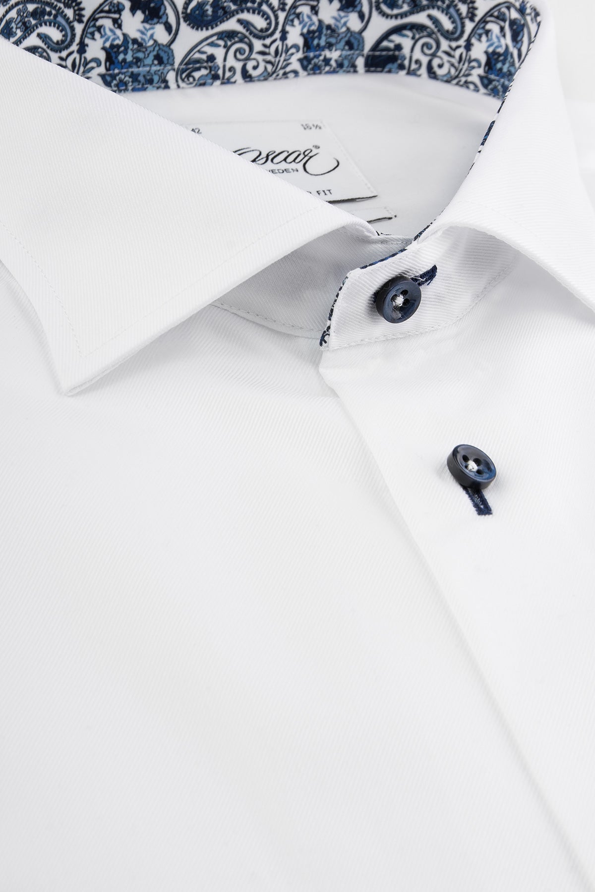 White slim fit shirt with blue paisley details