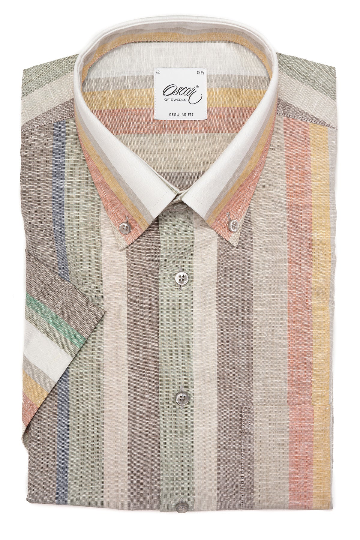 Striped linen regular fit button down short sleeve shirt