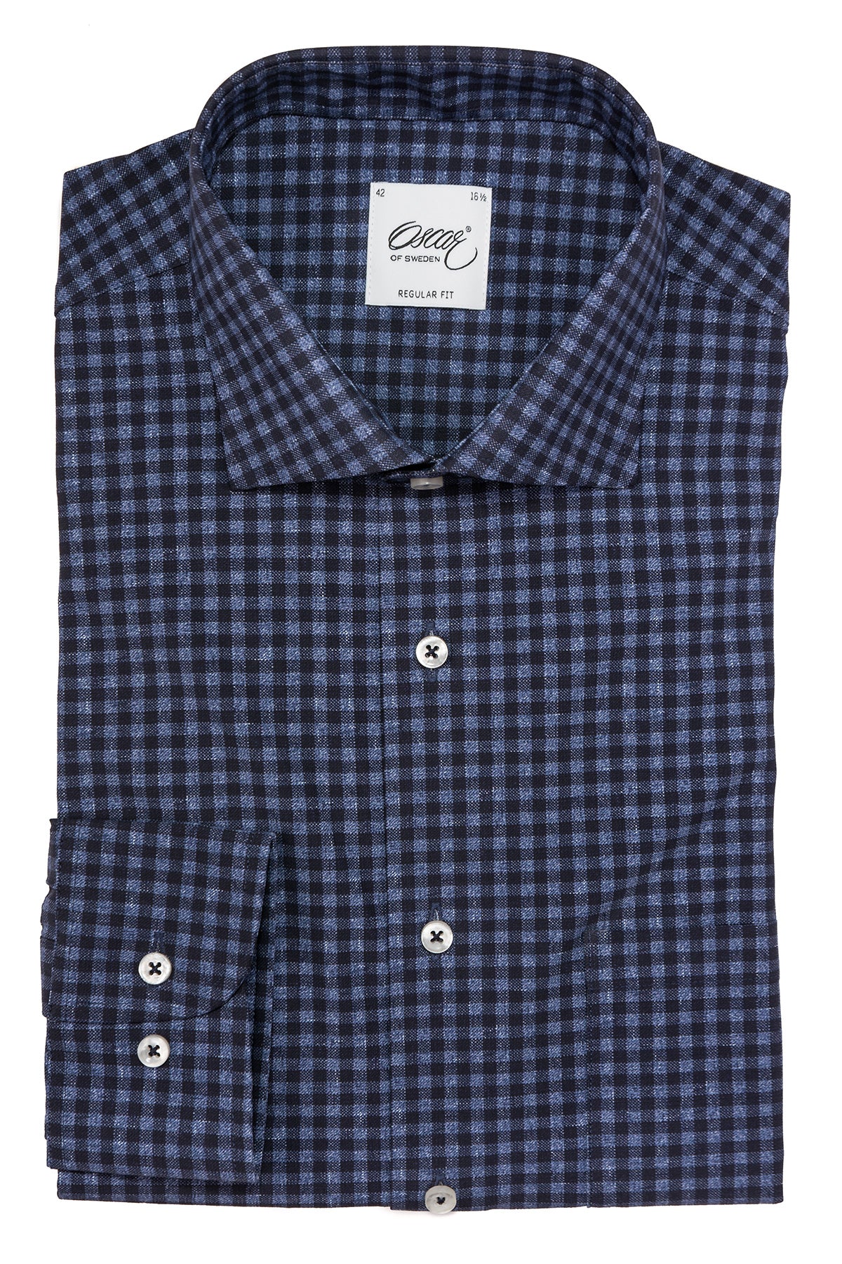 Navy blue checked regular fit stretch shirt