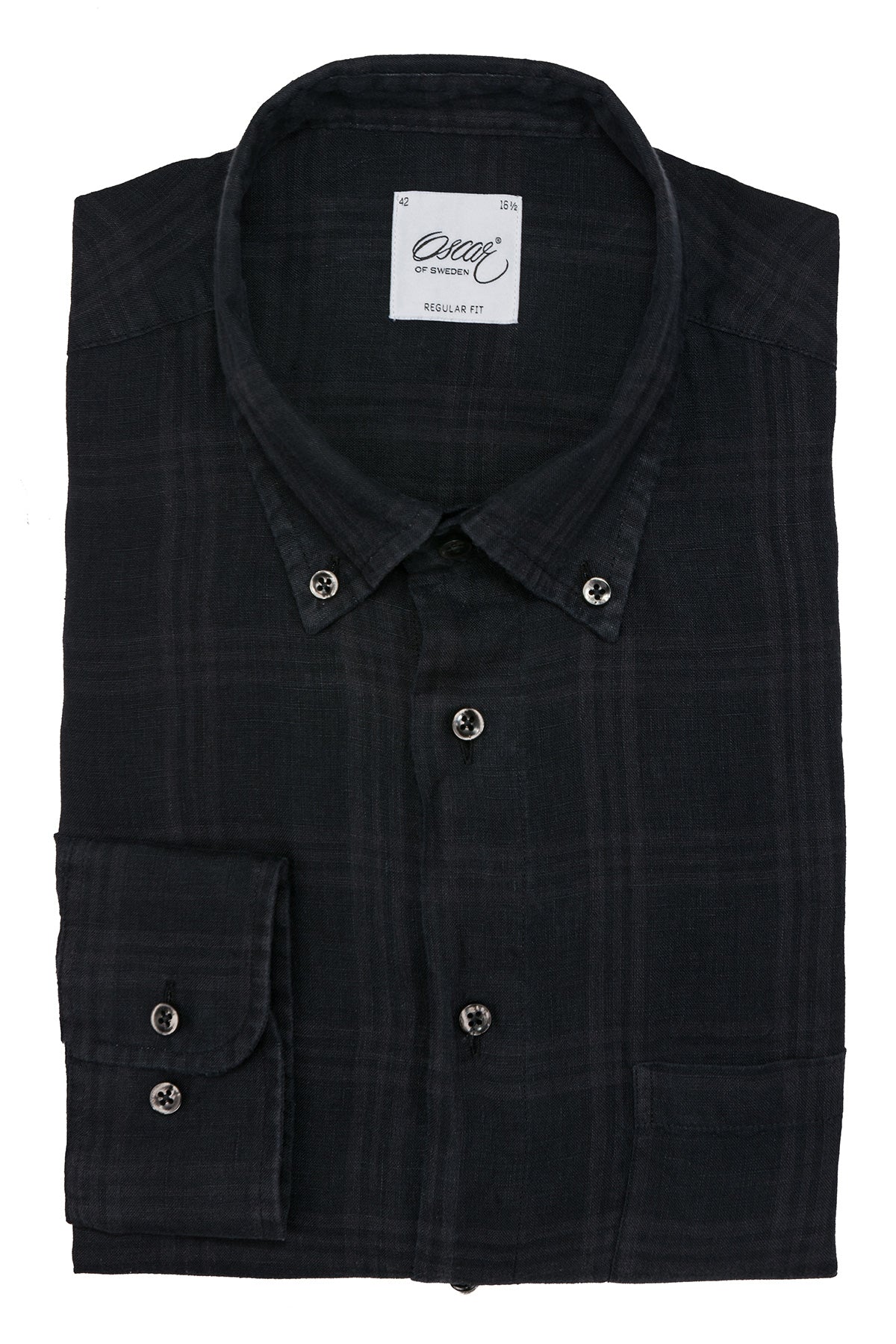 Black checked button down linen regular fit shirt