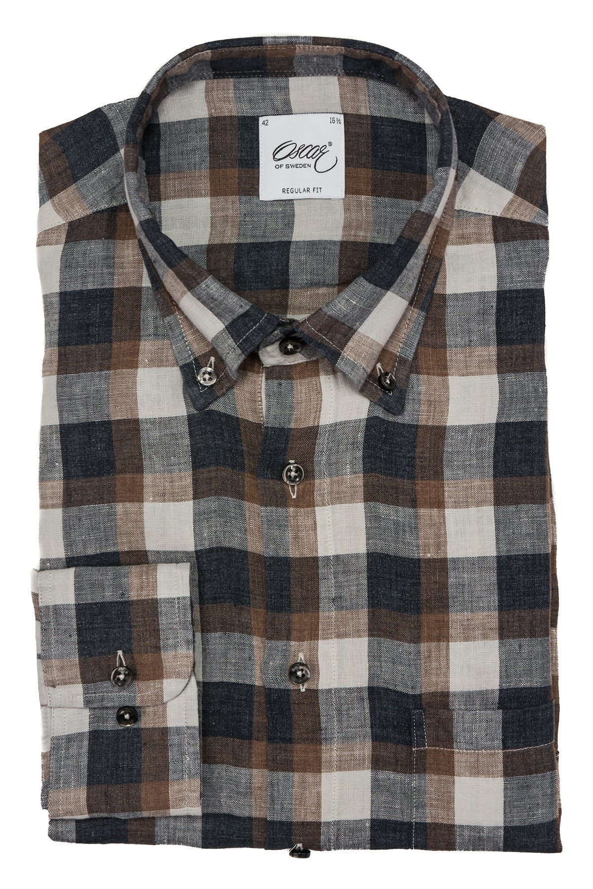 Brown checked linen button down regular fit shirt