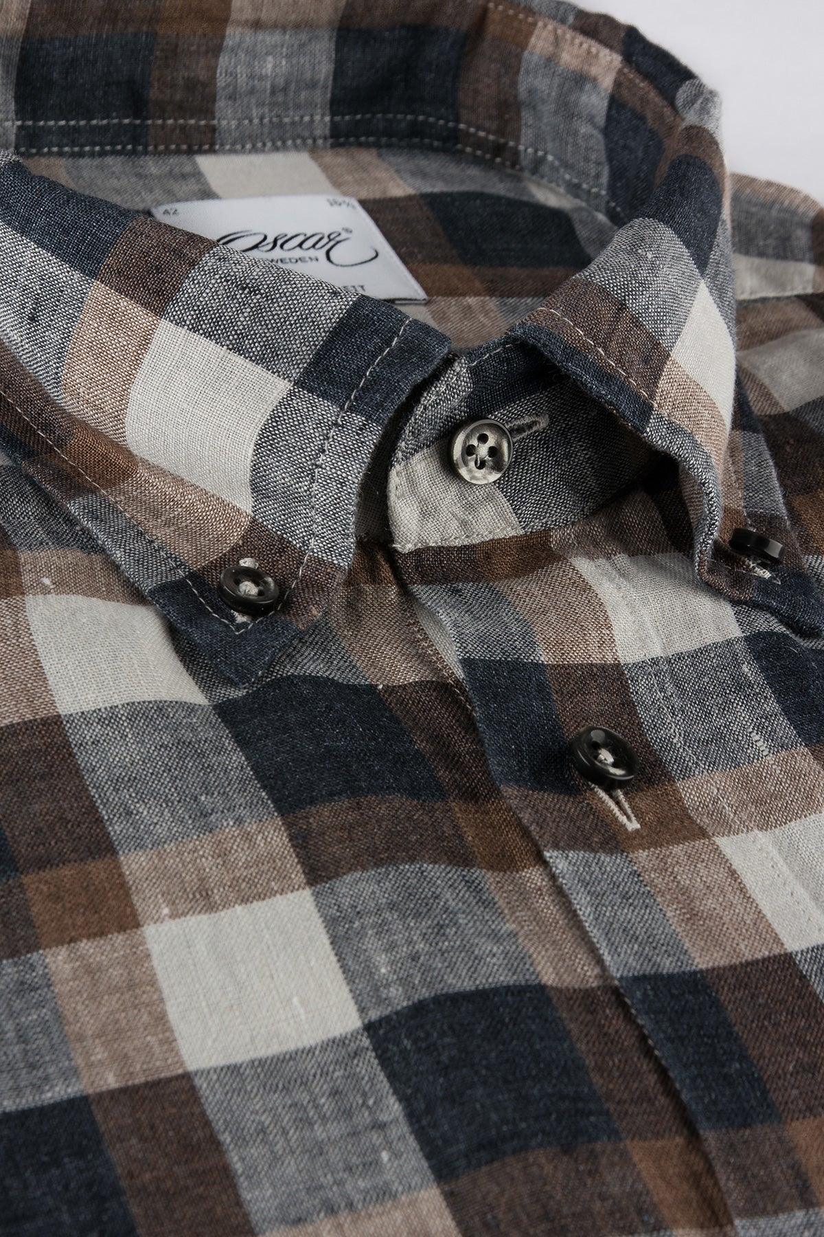Brown checked linen button down regular fit shirt