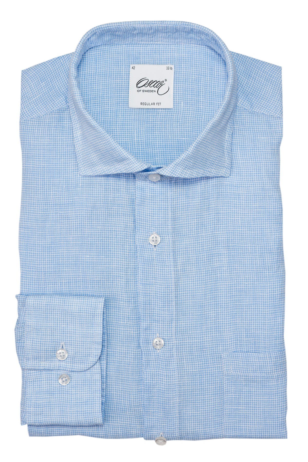 Light blue houndstooth linen regular fit shirt