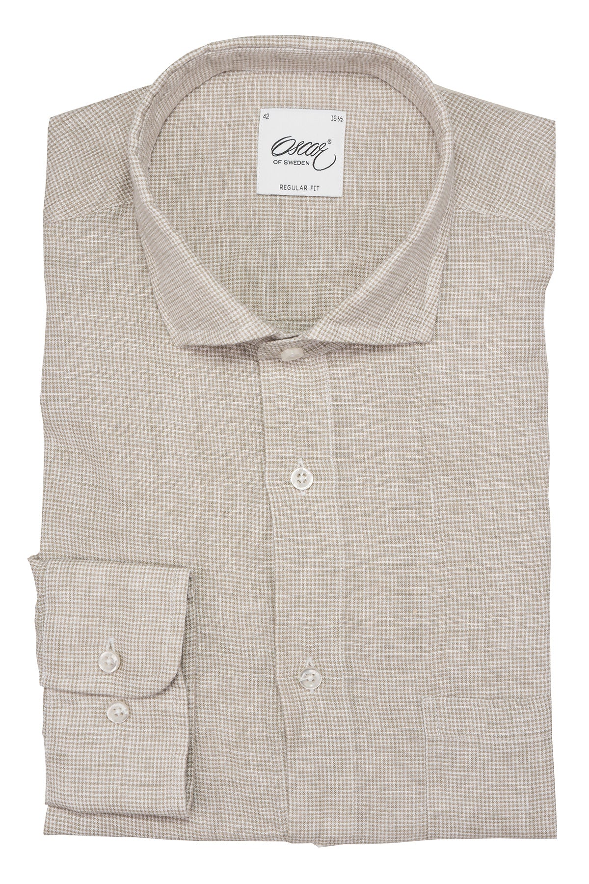 Beige houndstooth linen regular fit shirt