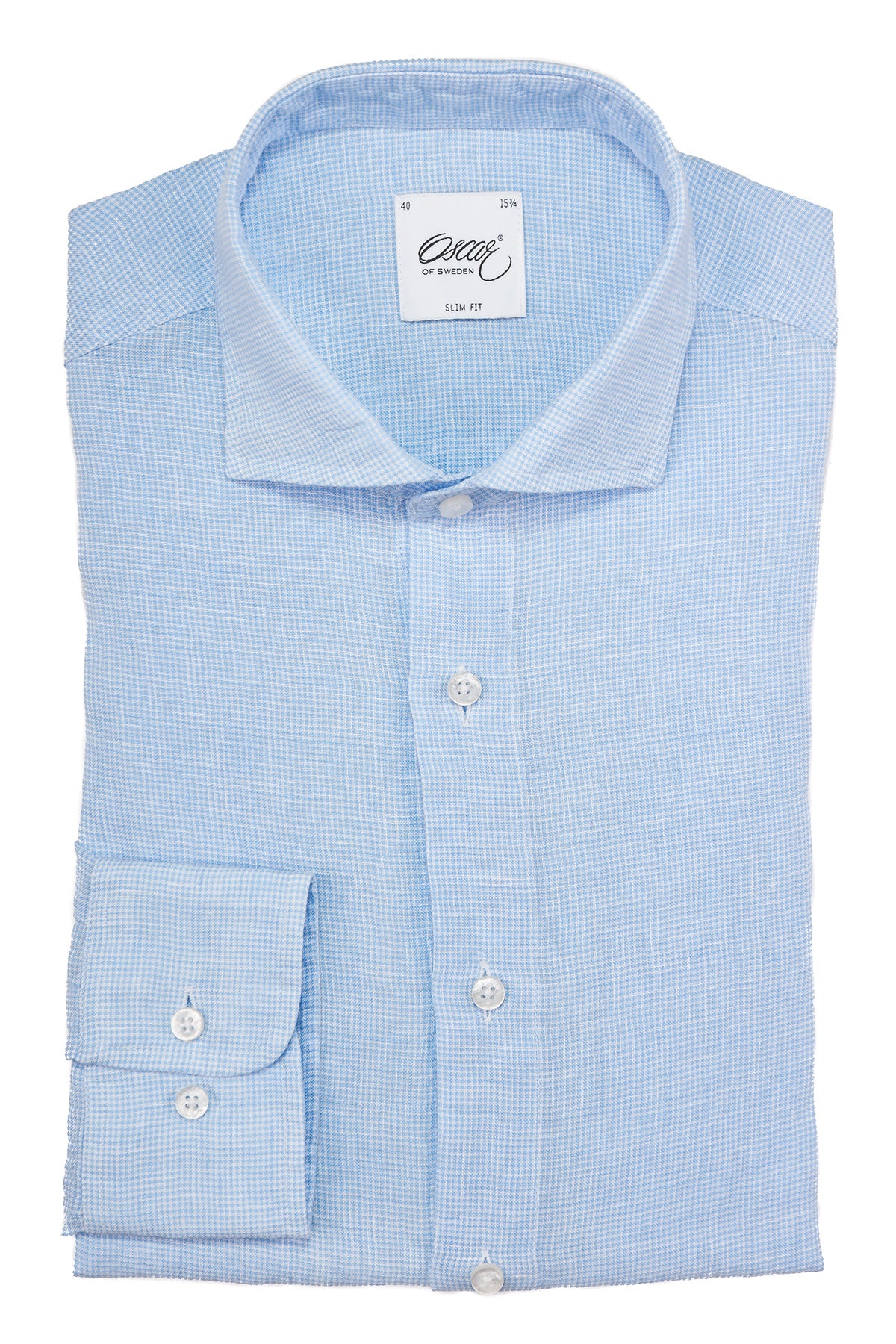 Light blue houndstooth linen slim fit shirt