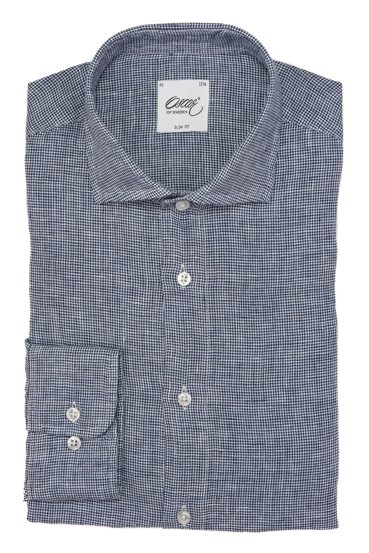 Navy houndstooth linen slim fit shirt