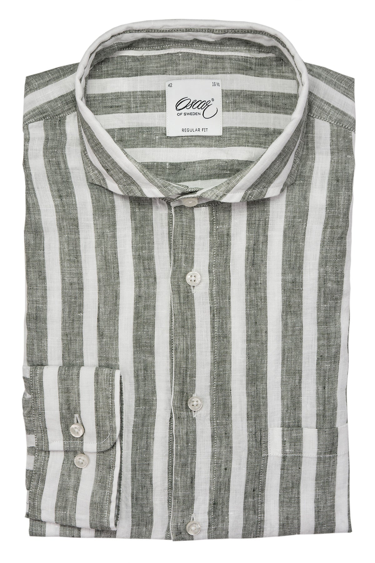 Green striped regular fit linen shirt