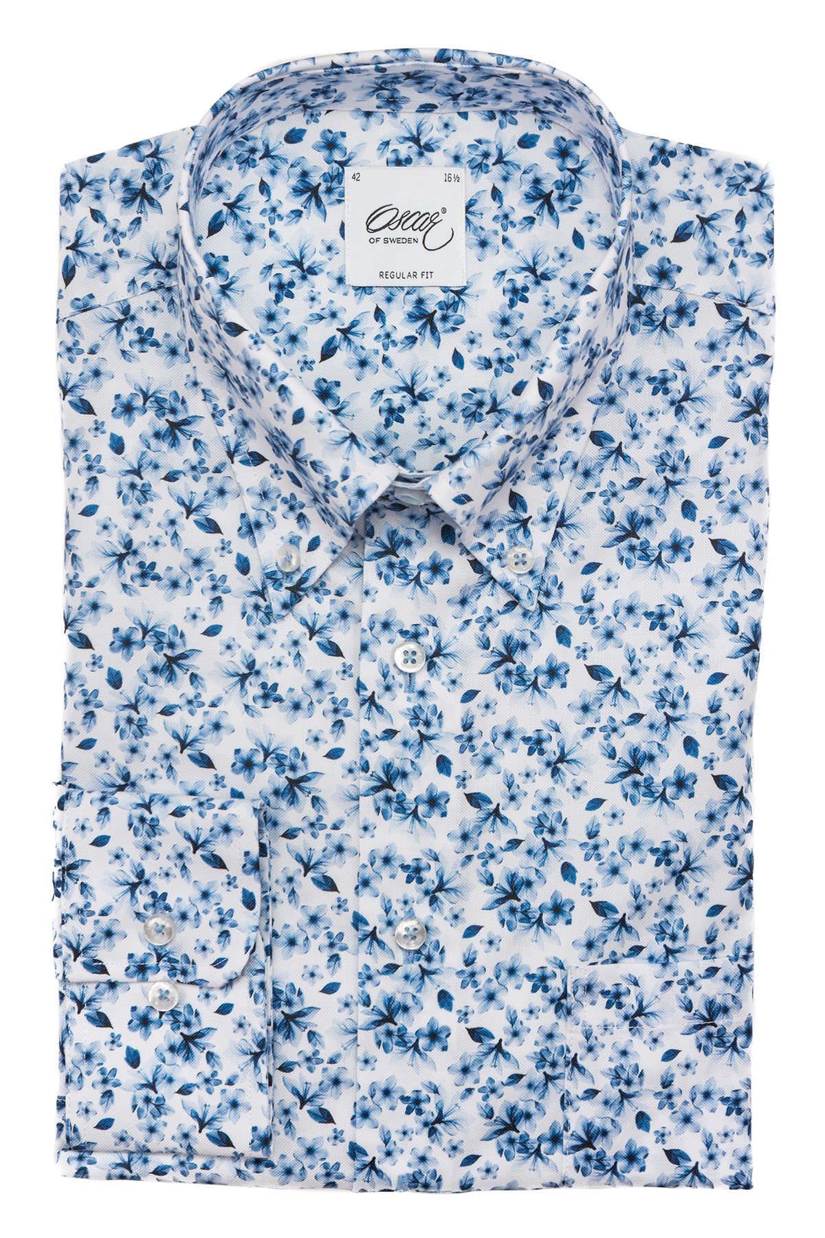 Blue flower printed button down regular fit shirt