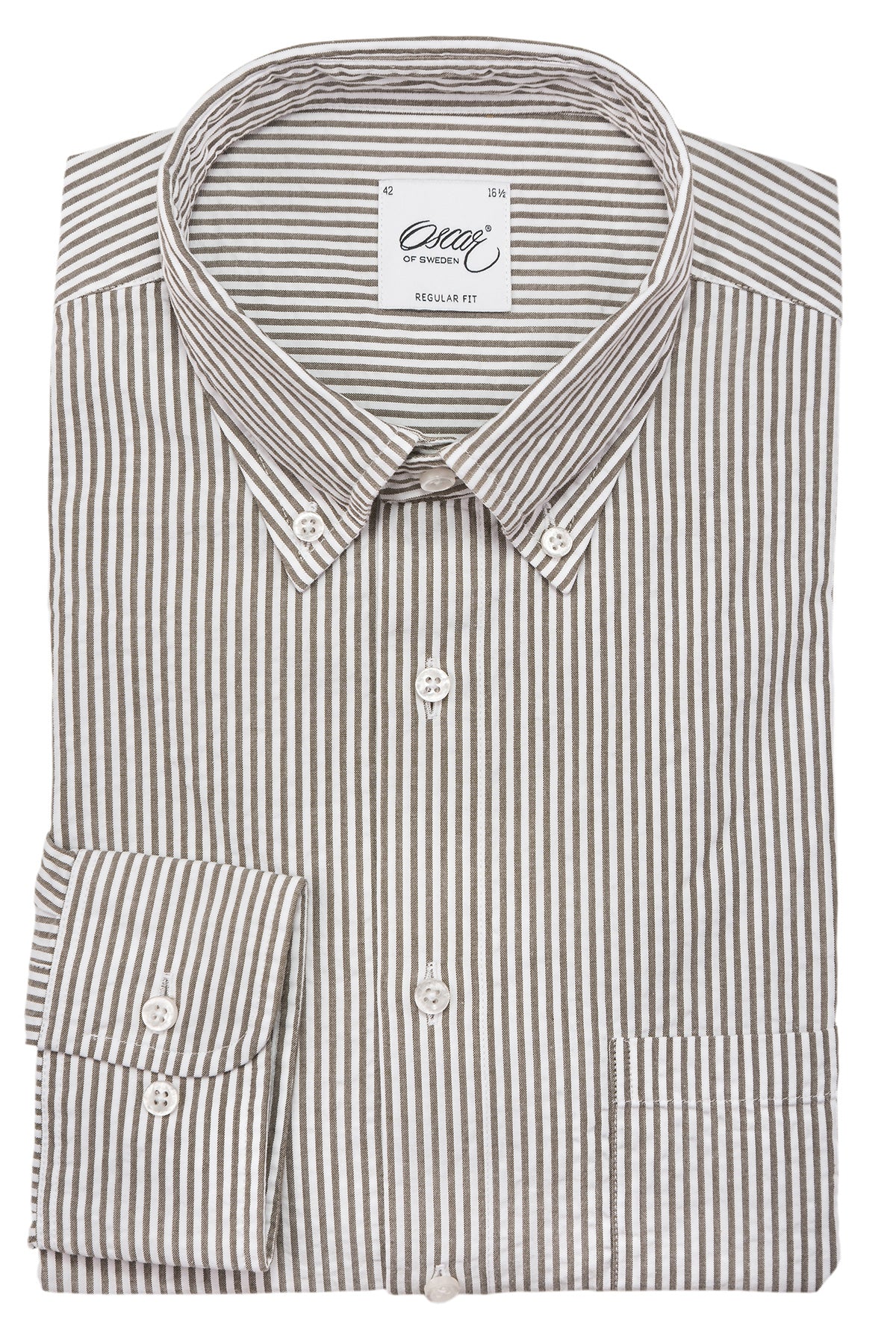 Khaki green striped seersucker regular fit shirt