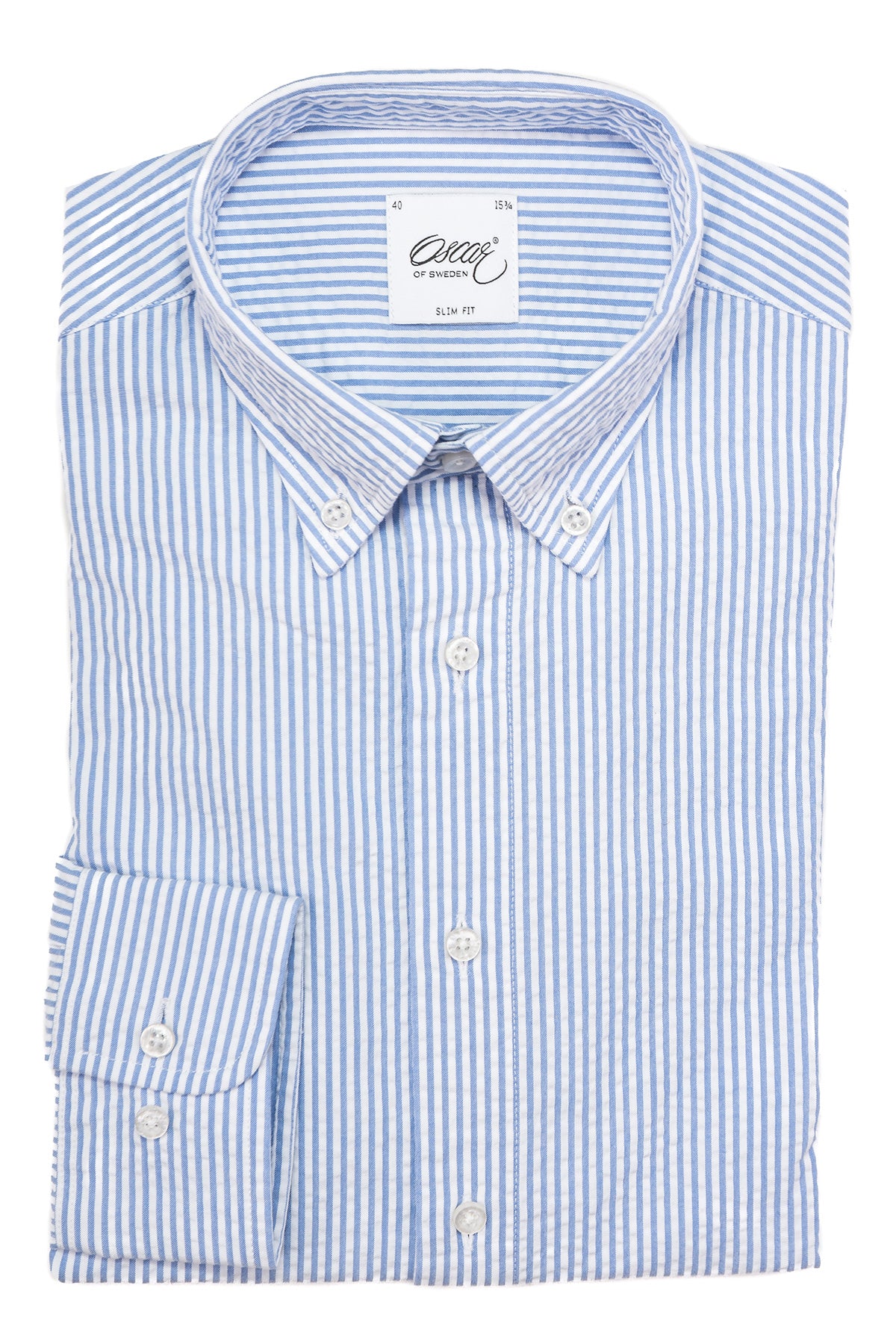 Light blue striped seersucker slim fit shirt