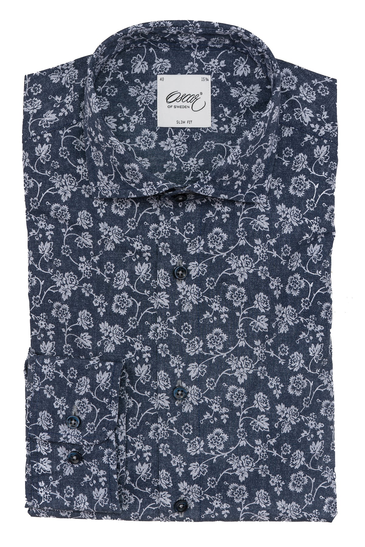 Indigo blue flower printed slim fit shirt