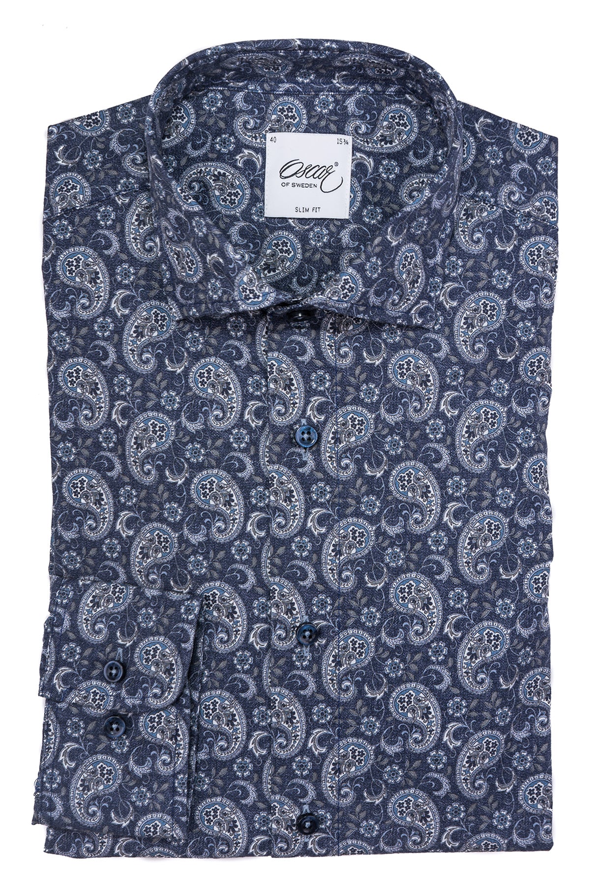 Indigo blue paisley printed slim fit shirt