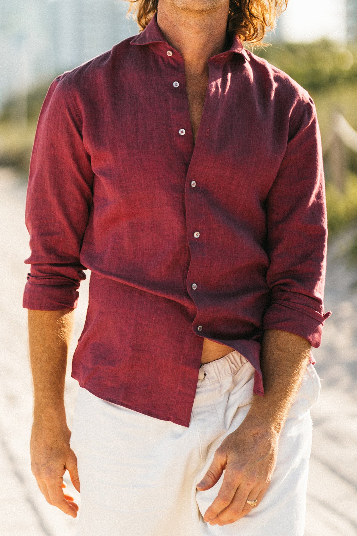 Burgundy linen regular fit shirt